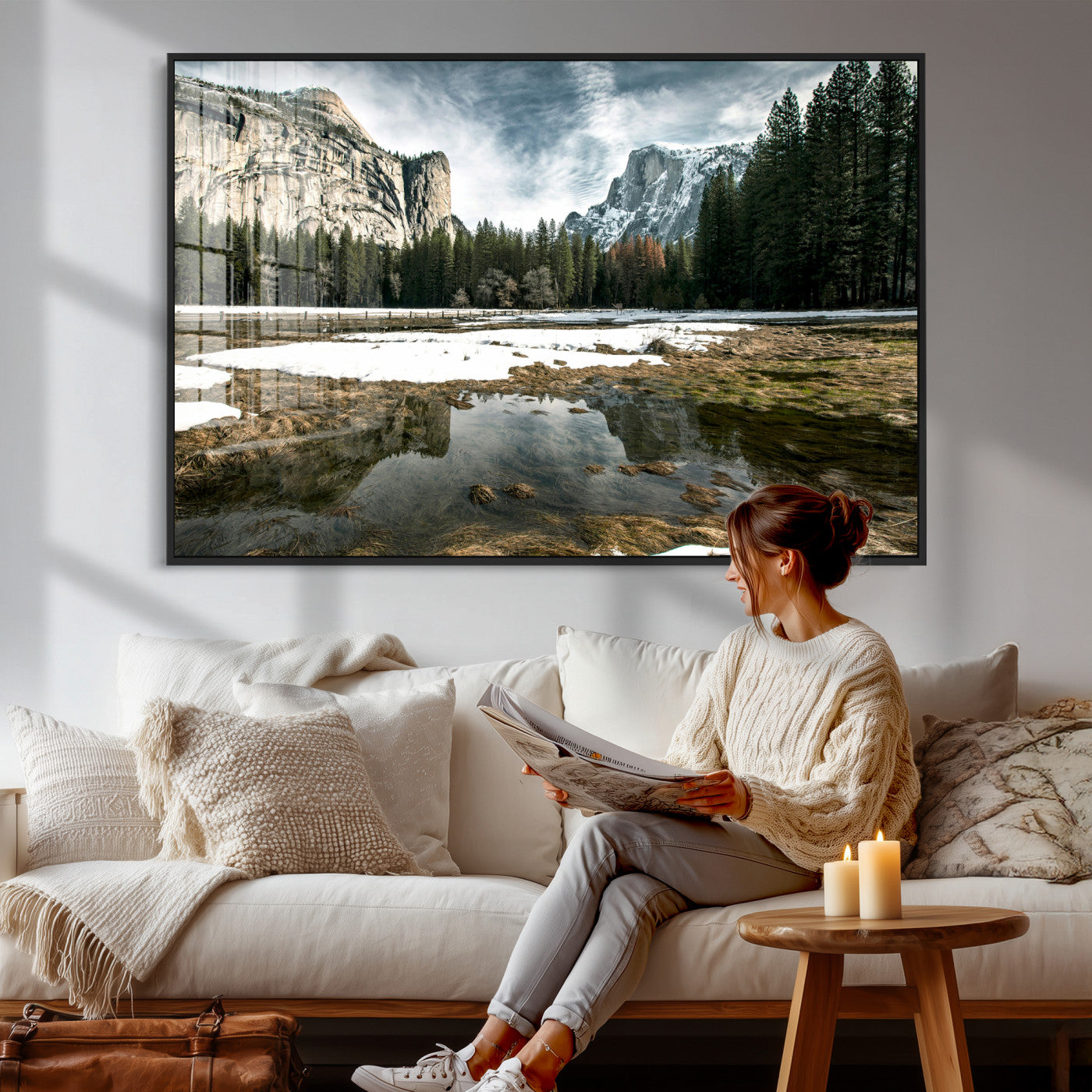 14527348-MGV-CV-36X24 - Yosemite Valley Mountain Landscape Wall Art Canvas Print, Granite Cliff Forest Valley Canvas Print, California National Park Scenic Art Printing