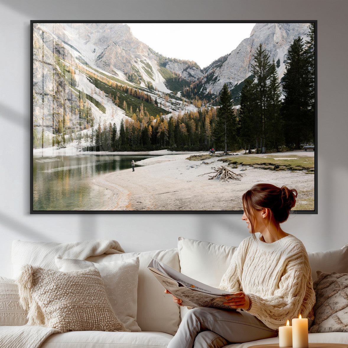 89246758-MGV-CV-36X24 - Lake Braies Alpine Landscape Wall Art Canvas Print, Dolomites Mountain Lake Forest Canvas Print, Italian Alps Scenic Nature Art Printing