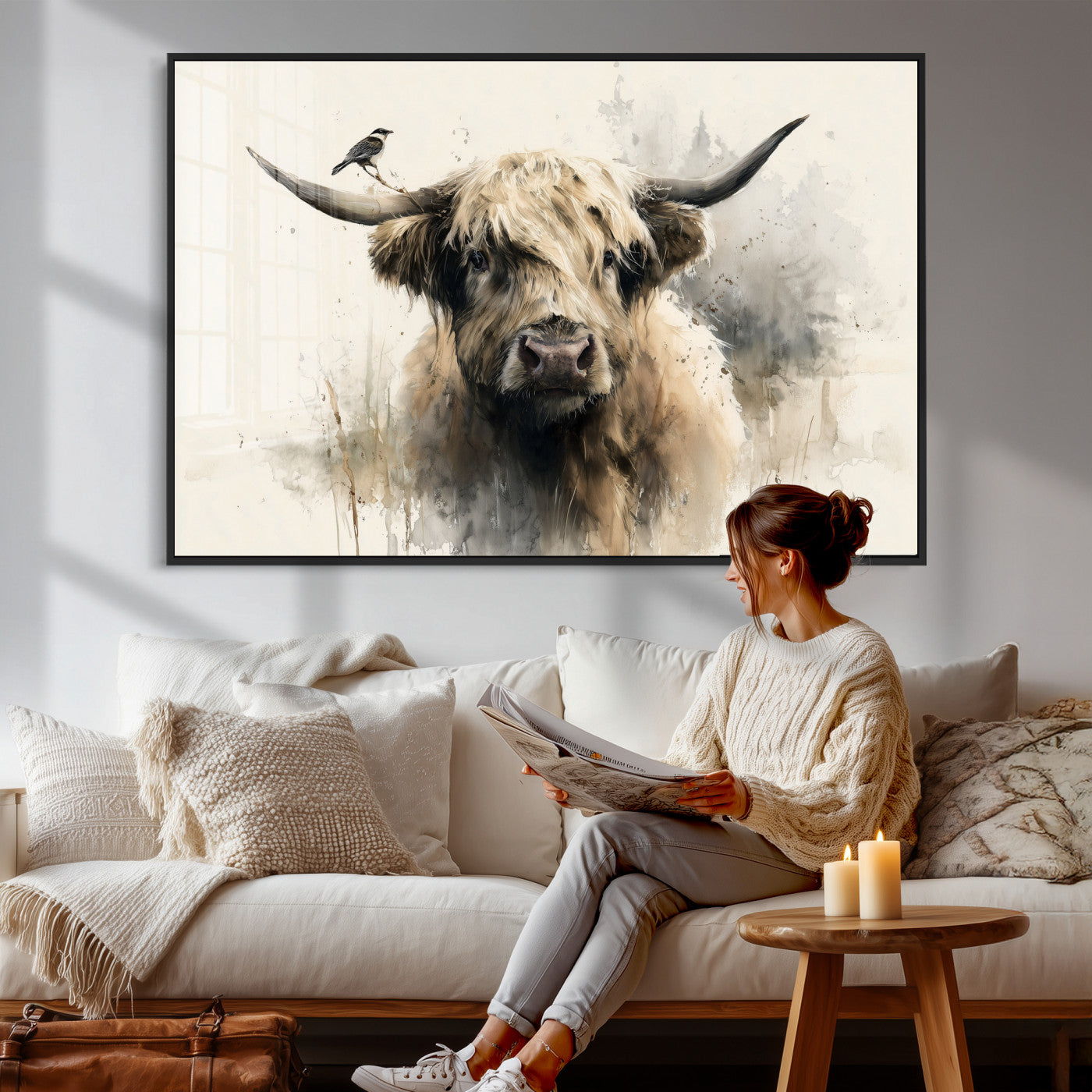 98249290-MGV-CV-36X24 - Abstract Highland Cow Watercolor Animal Wall Art Canvas Print, Rustic Farm Cattle Portrait Canvas Print, Neutral Wildlife Farmhouse Art Printing
