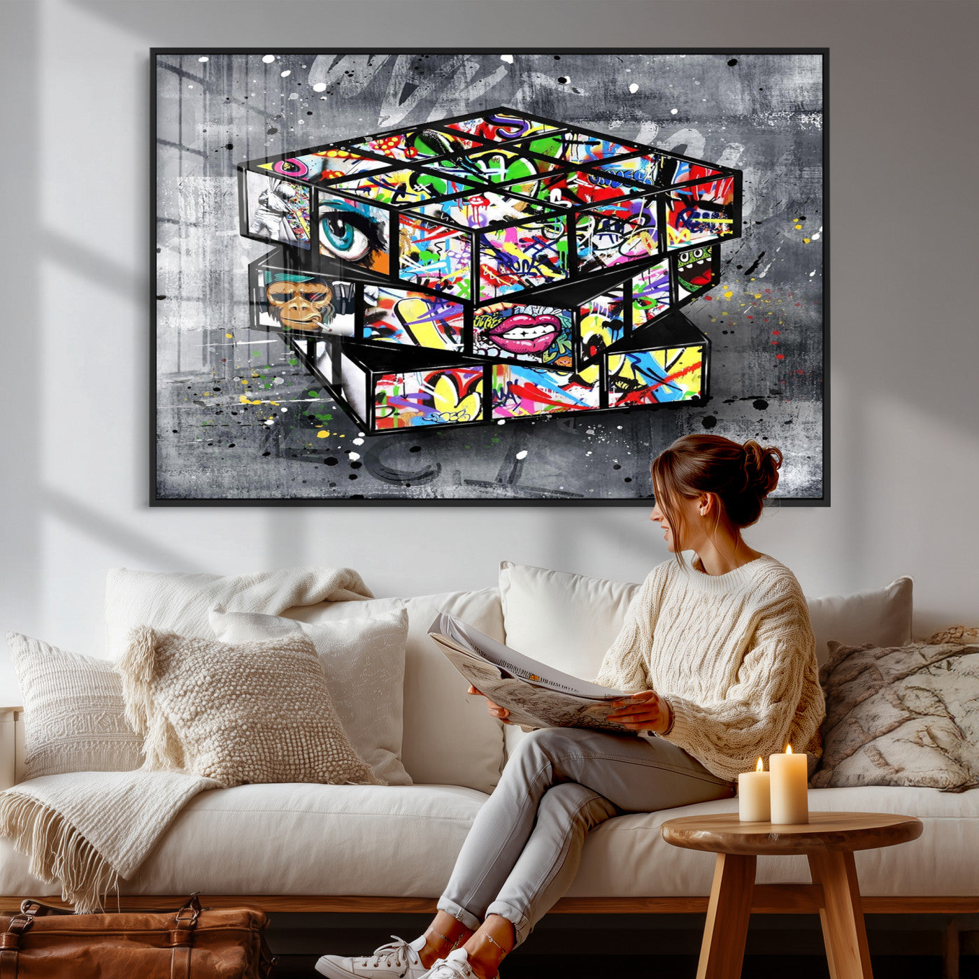 46789556-MGV-CV-36X24 - Graffiti Cube Abstract Street Art Wall Art Canvas Print, Colorful Urban Pop Art Geometric Canvas Print, Modern Street Art Contemporary Art Printing