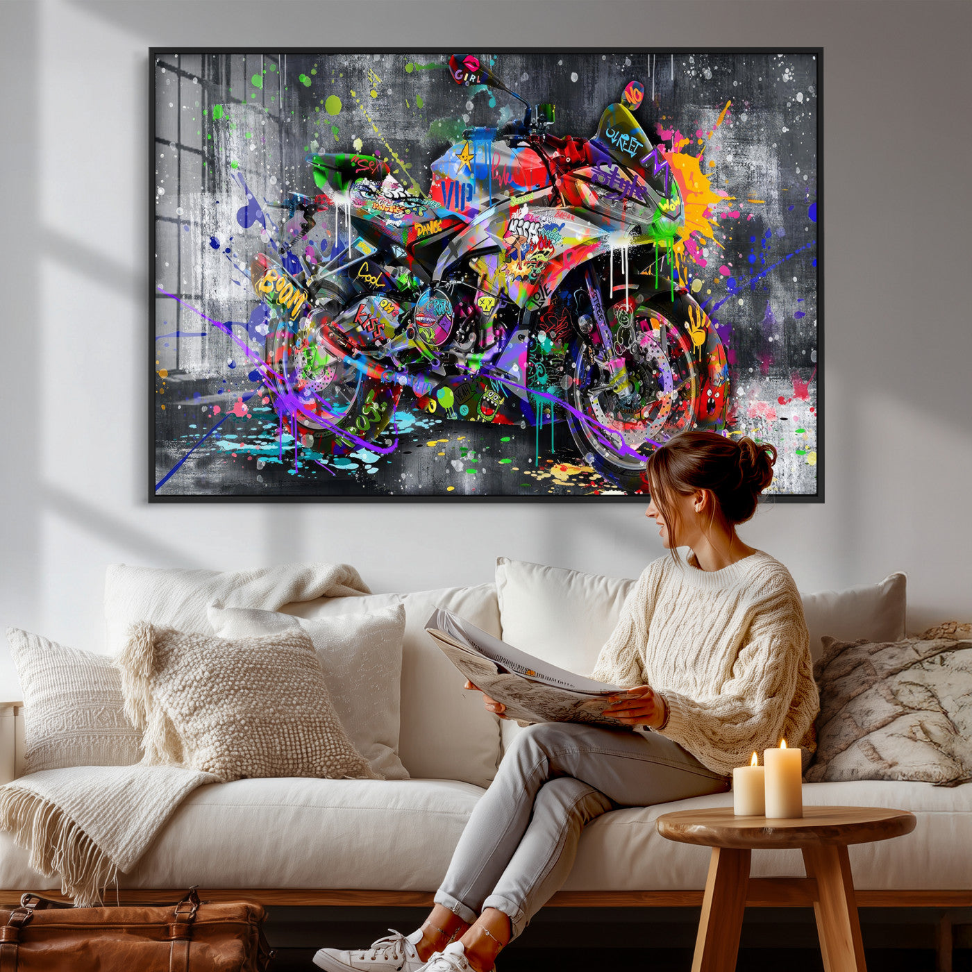 83021767-MGV-CV-36X24 - Graffiti Motorcycle Wall Art Canvas Print, Urban Street Art Motorbike Decor, Colorful Graffiti Sports Bike Artwork