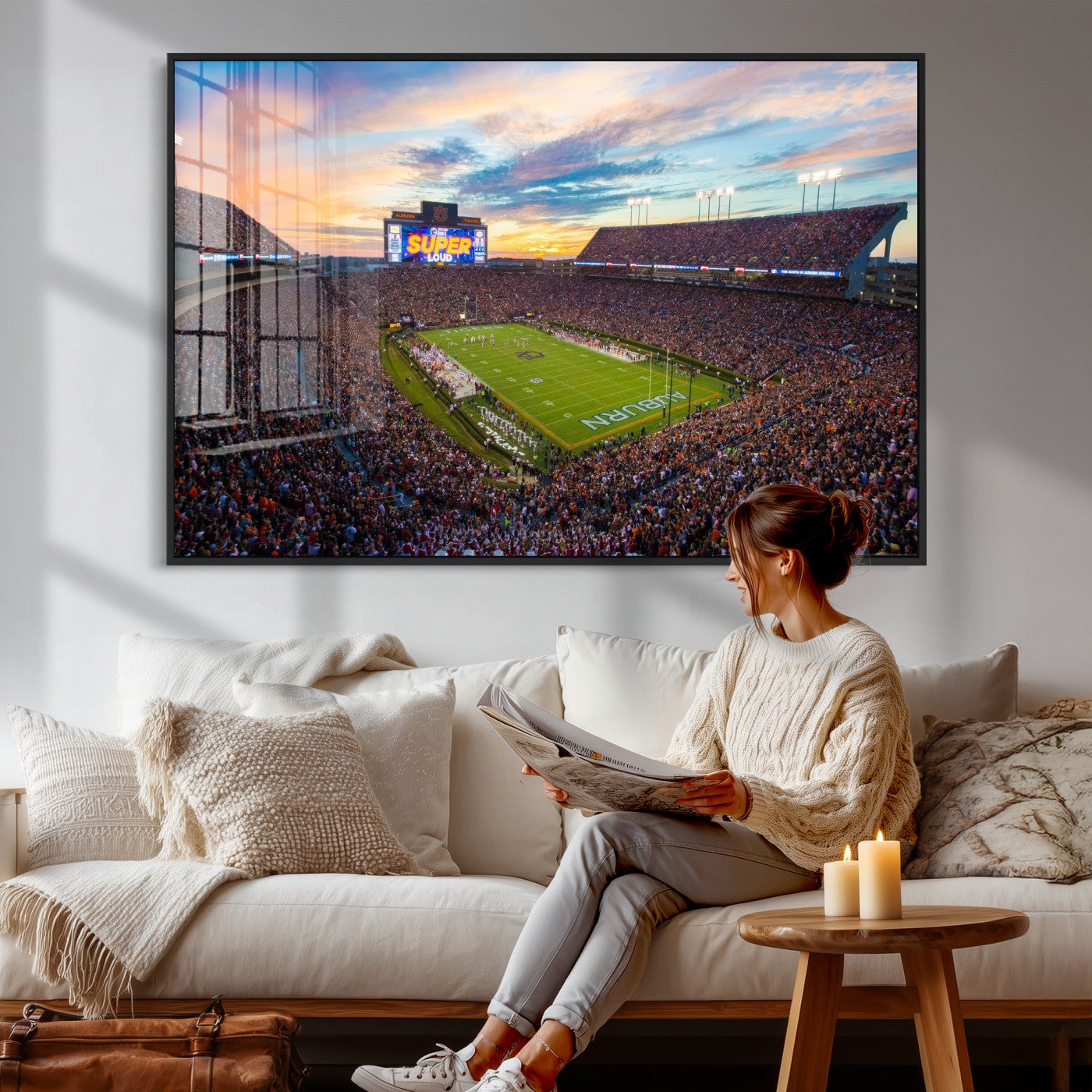 75203764-MGV-CV-36X24 - Auburn Stadium Sunset Wall Art Canvas Print, Jordan Hare Stadium Game Day Crowd, Auburn Tigers Football Artwork