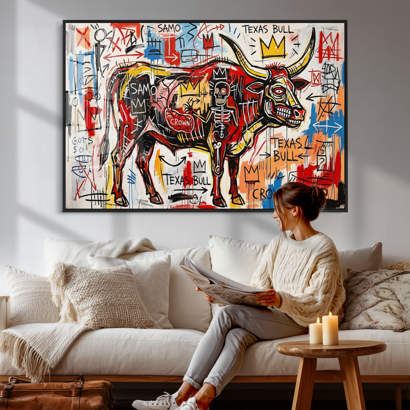 89504579-MGV-CV-36X24 - TITLE: Texas Bull Wall Art Canvas Print, Abstract Graffiti Bull Painting, Western Animal Art, Modern Ranch Decor
