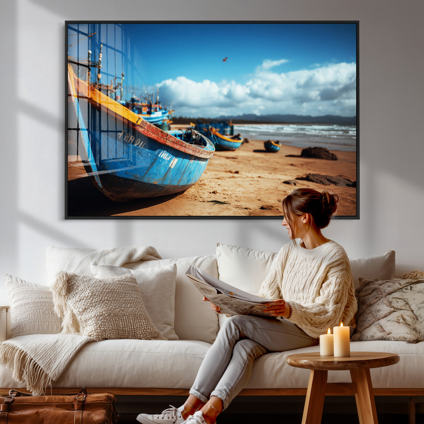 70925201-MGV-CV-36X24 - Fishing Boats Wall Art Canvas Print, Coastal Boat Beach Scene, Nautical Seaside Artwork, Ocean Shore Decor, Coastal Home Wall Art