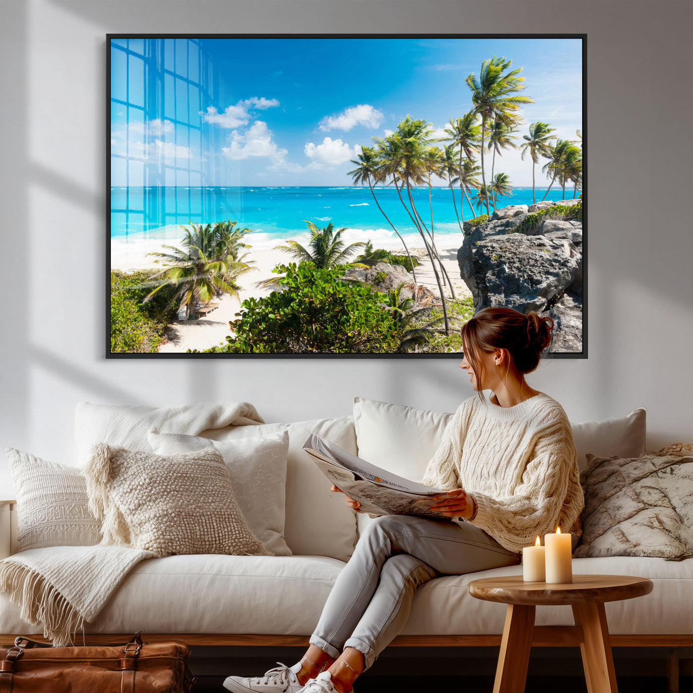 98605610-MGV-CV-36X24 - Tropical Beach Wall Art Canvas Print, Palm Tree Ocean Landscape Photography, Caribbean Coastal Artwork