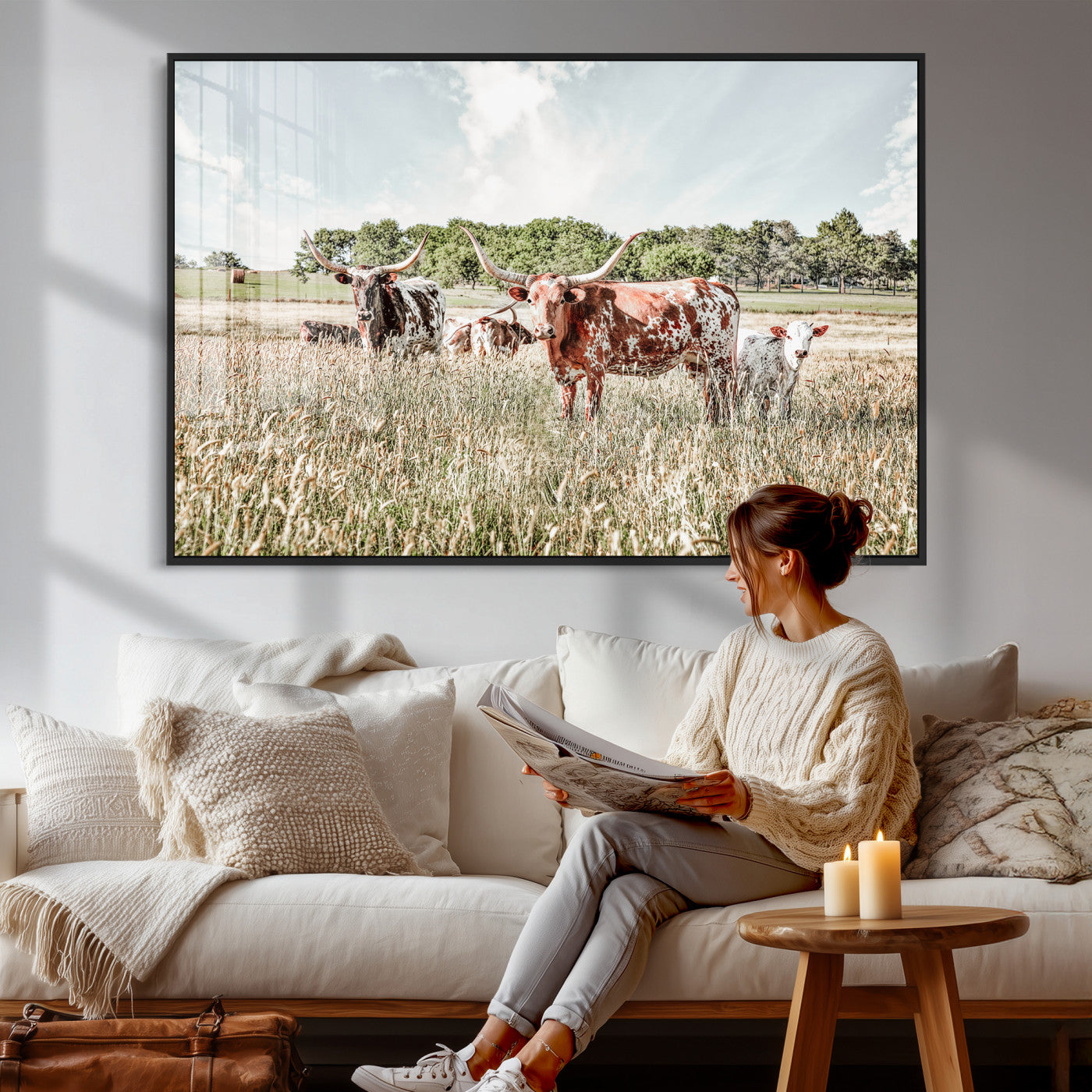 21823552-MGV-CV-36X24 - Texas Longhorn Cattle Wall Art Canvas Print, Rustic Ranch Landscape Artwork, Western Farm Field Scene, Country Prairie Animal Canvas Wall Art