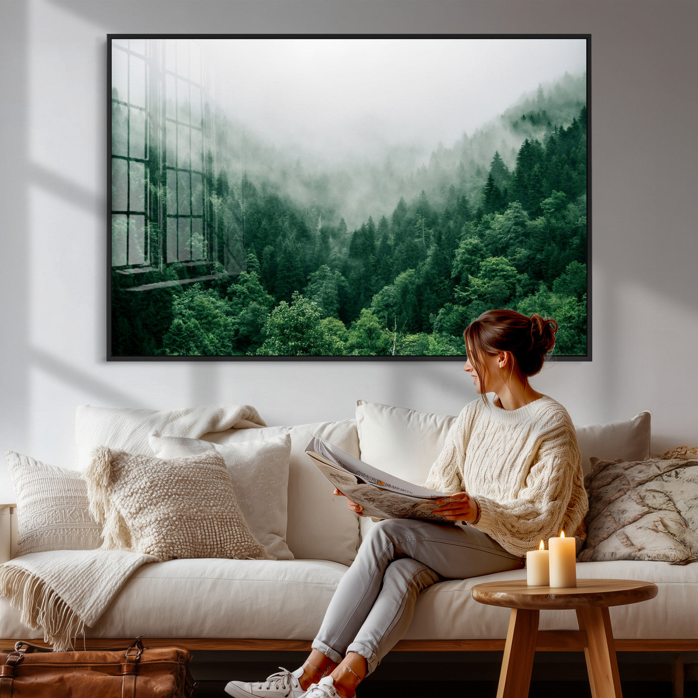 61640815-MGV-CV-36X24 - Misty Pine Forest Wall Art Canvas Print, Foggy Evergreen Landscape Wall Decor, Moody Green Nature Artwork, Minimal Forest Canvas Wall Art, Framed Canvas Wall Art Ready to Hang