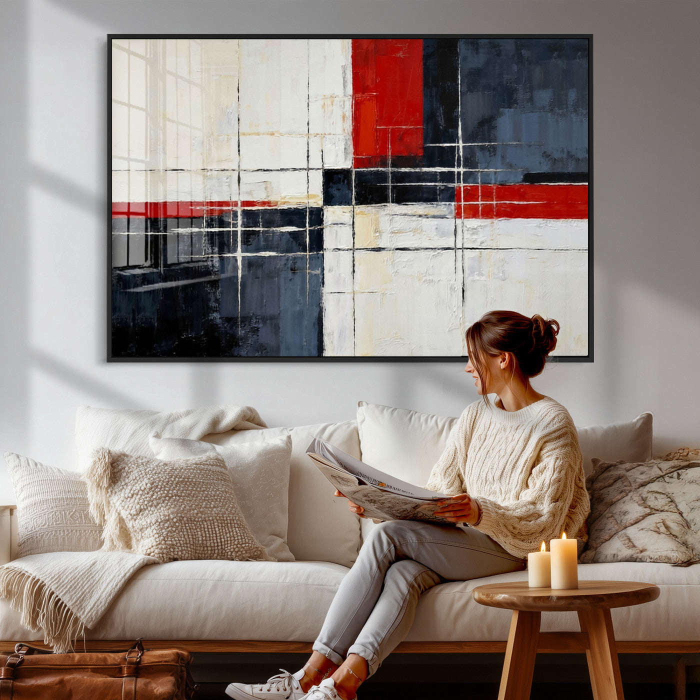 44088165-MGV-CV-36X24 - Navy Red Abstract Wall Art Canvas Print, Modern Luxury Geometric Painting Wall Decor for Living Room and Office