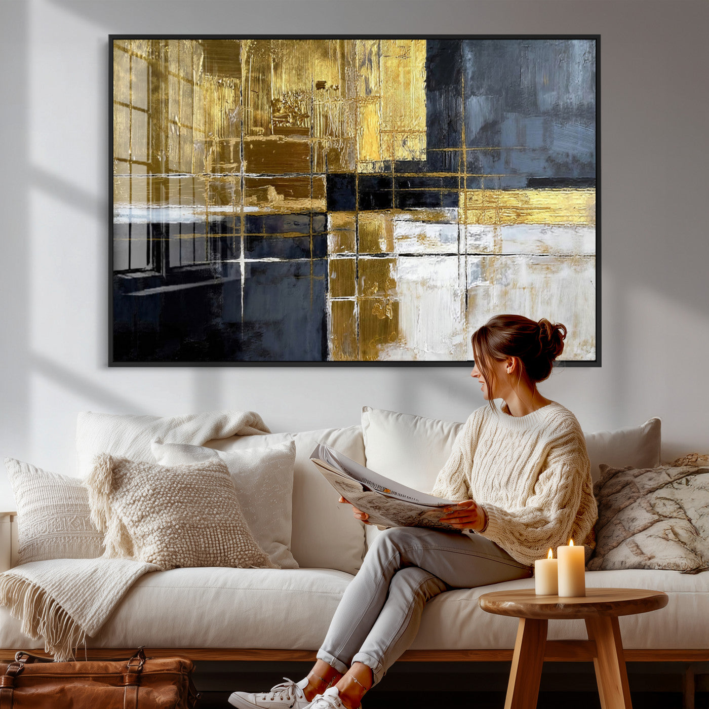 76917030-MGV-CV-36X24 - Gold Navy Abstract Wall Art Canvas Print, Modern Luxury Geometric Painting Wall Decor for Living Room and Office