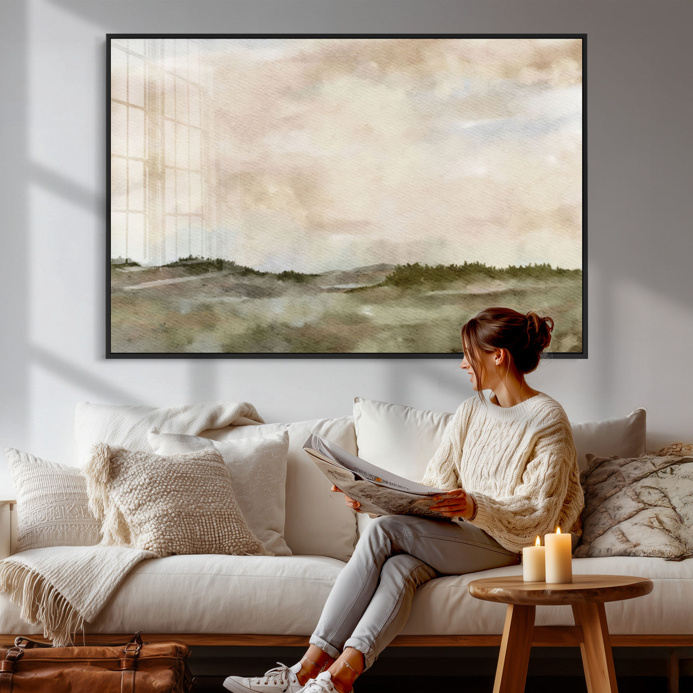 13578069-MGV-CV-36X24 - Abstract Landscape Wall Art Canvas Print, Watercolor Pastoral Landscape Painting Wall Decor for Modern Farmhouse Interiors