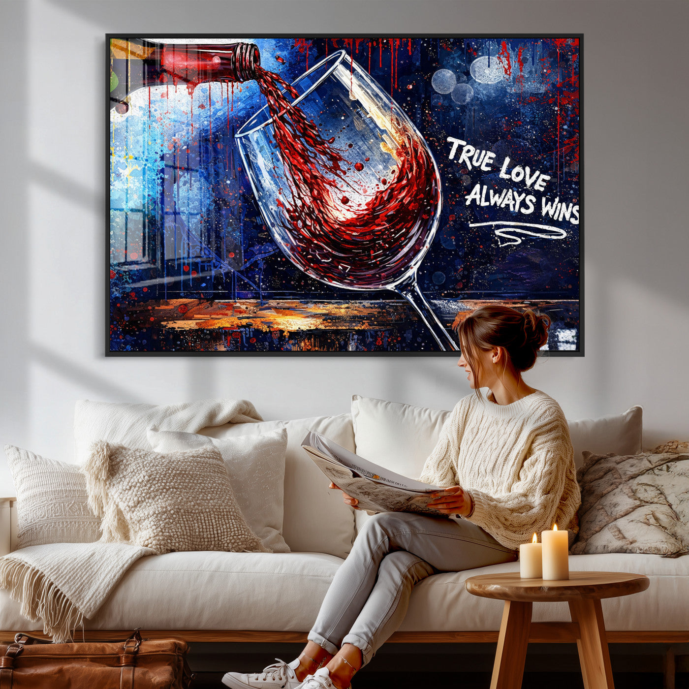 88788932-MGV-CV-36X24 - Red Wine Splash Abstract Wall Art Canvas Print, Modern Wine Glass Painting Canvas Print, Romantic Quote Contemporary Bar Art Print