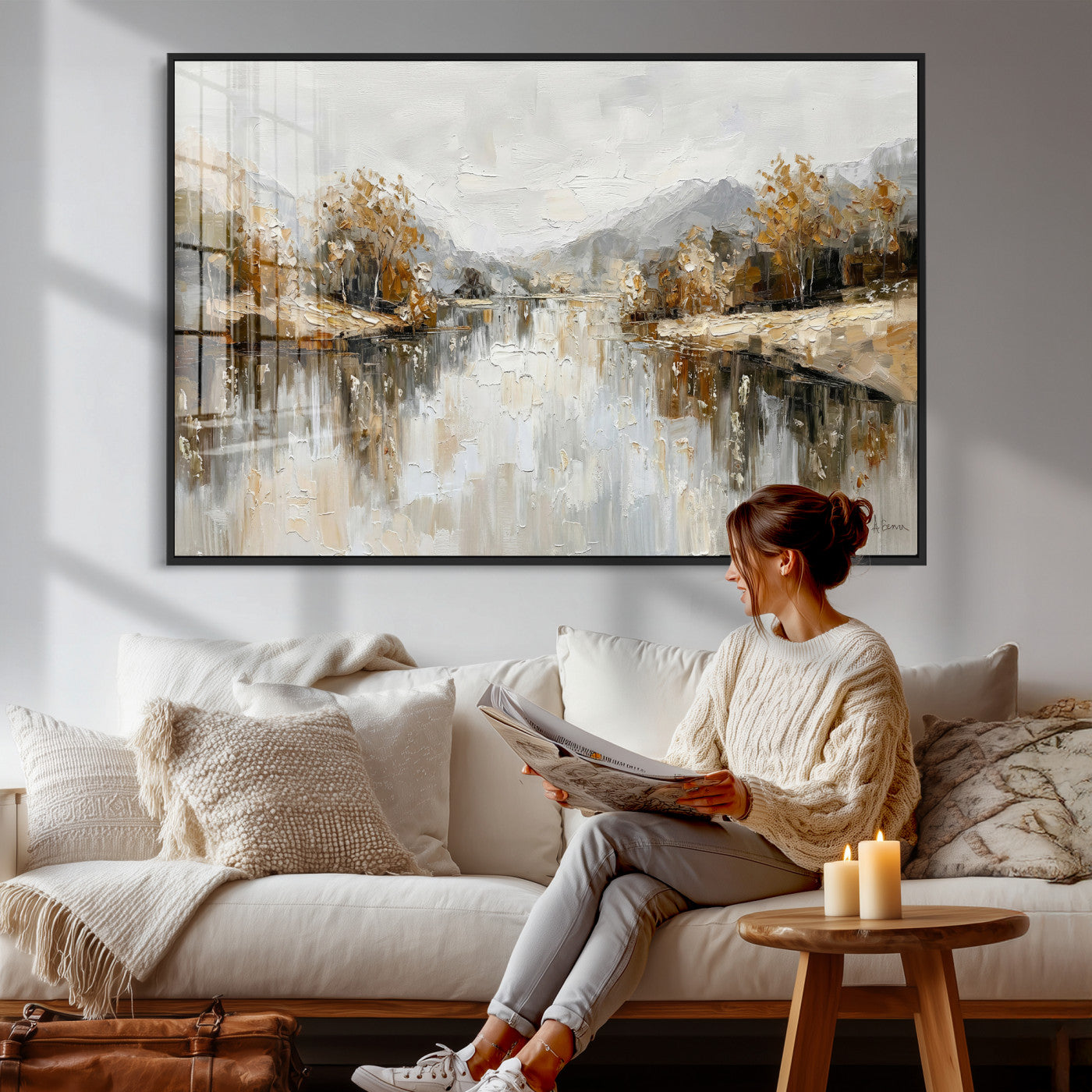 78227690-MGV-CV-36X24 - Neutral Abstract Lake Landscape Wall Art Canvas Print, Modern Minimal River Reflection Canvas Print, Beige Gray Contemporary Nature Art Printing