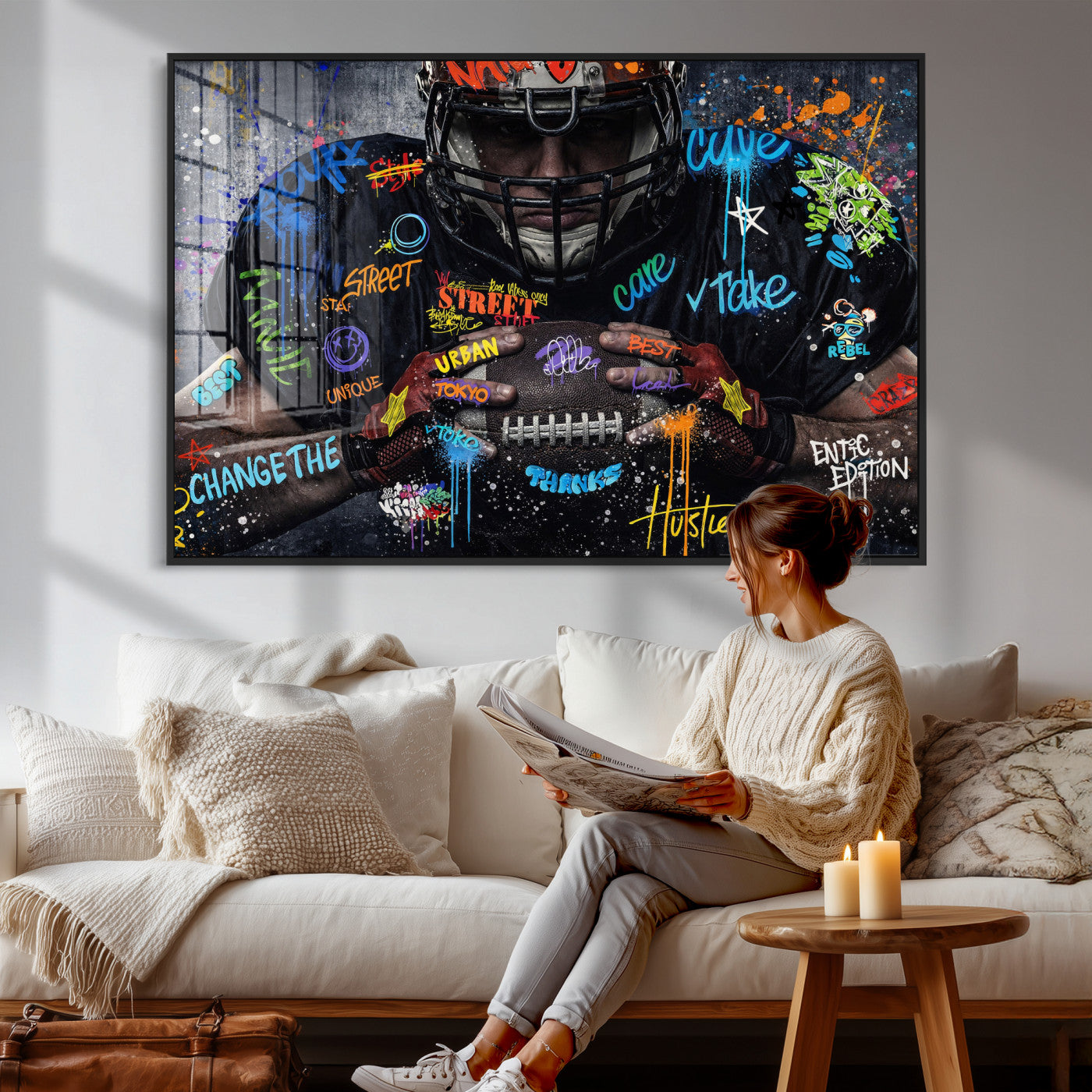 55267256-MGV-CV-36X24 - Graffiti American Football Player Street Art Wall Art Canvas Print, Urban Sports Pop Art Football Canvas Print, Modern Athletic Graffiti Contemporary Art Printing