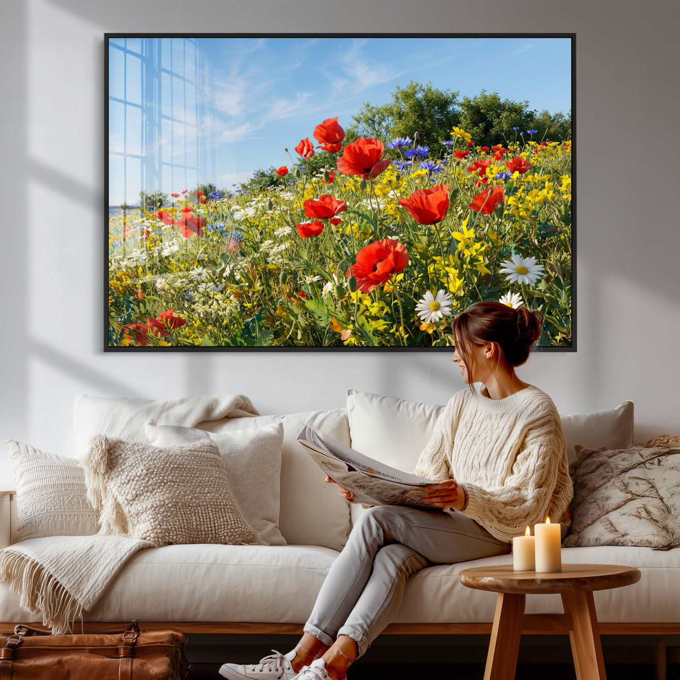 38570784-MGV-CV-36X24 - Wildflower Meadow Wall Art Canvas Print – Colorful Poppy and Daisy Field Landscape Artwork for Living Room Decor