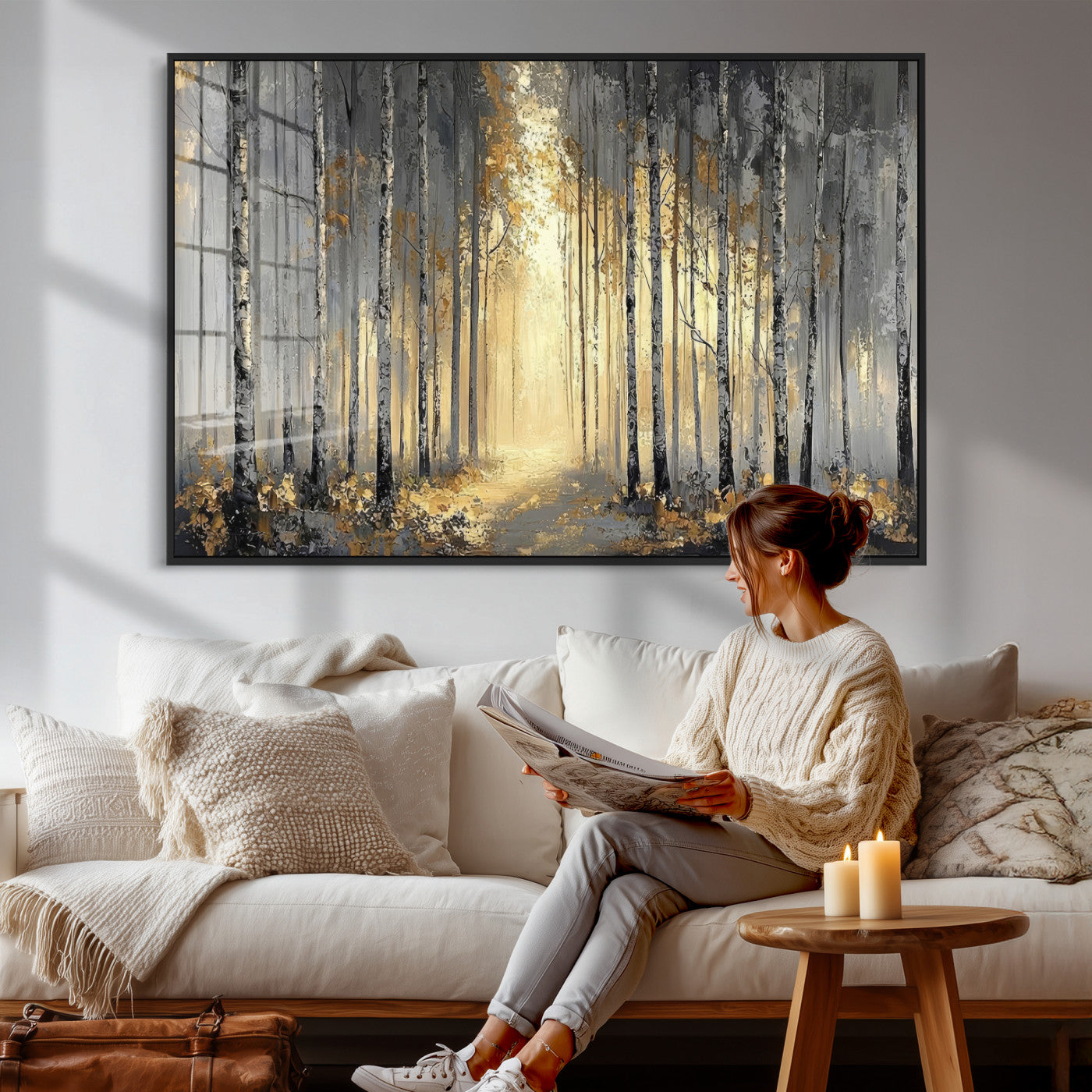 41017042-MGV-CV-36X24 - Abstract Birch Forest Wall Art Canvas Print – Modern Neutral Woodland Landscape Artwork for Living Room Decor