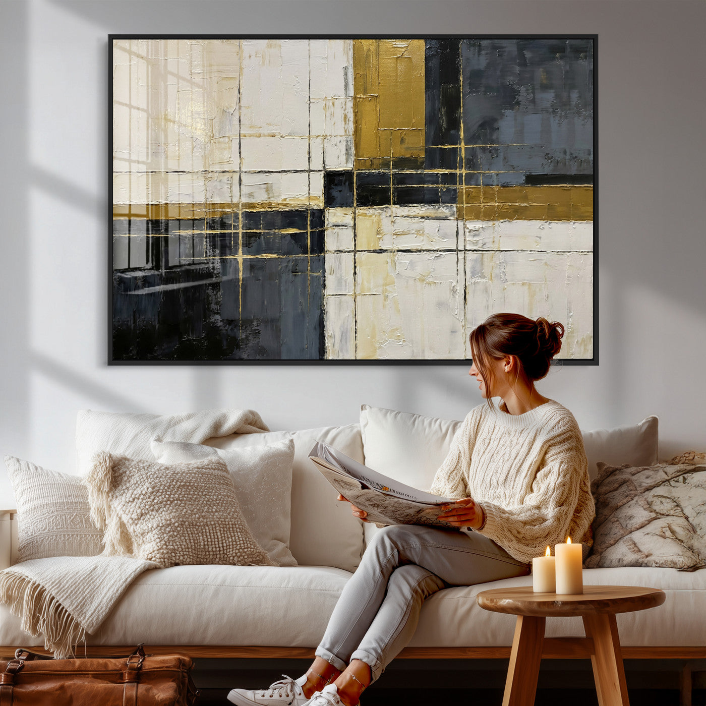 36097945-MGV-CV-36X24 - Abstract Gold and Black Wall Art Canvas Print – Modern Geometric Neutral Artwork for Living Room Decor