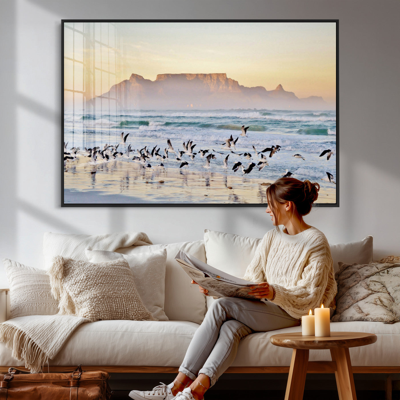 78989362-MGV-CV-36X24 - Seagulls Over Ocean Wall Art Canvas Print – Coastal Beach Landscape Artwork for Living Room Decor