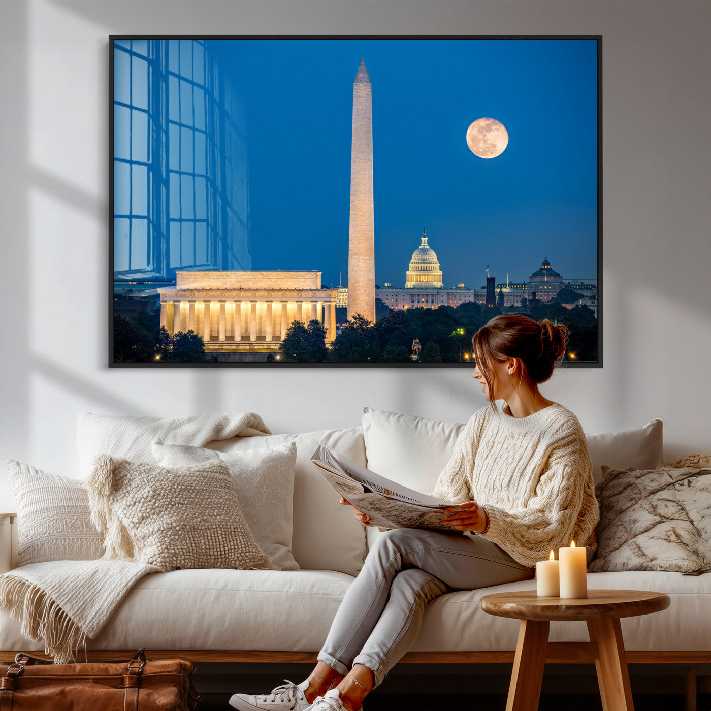 96712946-MGV-CV-36X24 - Washington DC Skyline Wall Art Canvas Print – Lincoln Memorial, Washington Monument and US Capitol Night Cityscape Artwork