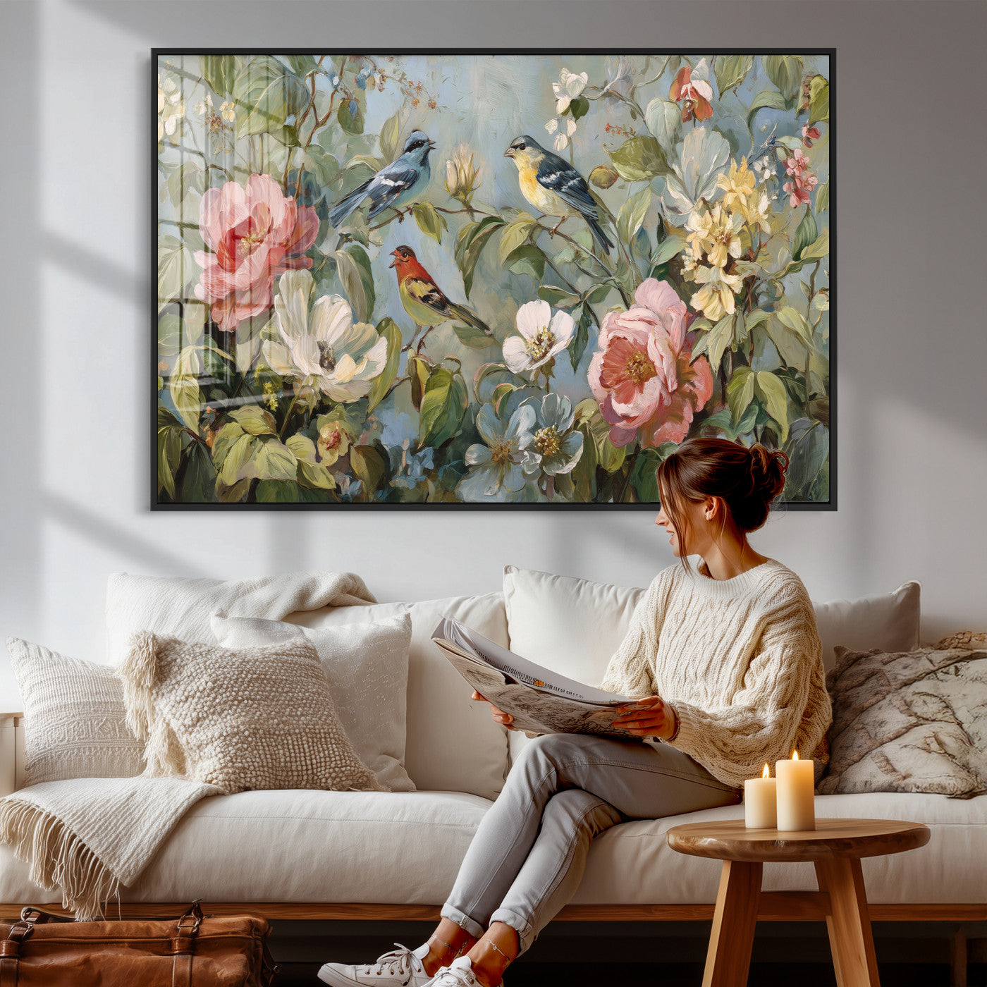 55440837-MGV-CV-36X24 - Vintage Birds and Flowers Wall Art Canvas Print, Botanical Bird Painting Canvas Print, Floral Garden Bird Artwork Canvas Print, Classic Bird Flower Painting Canvas Print