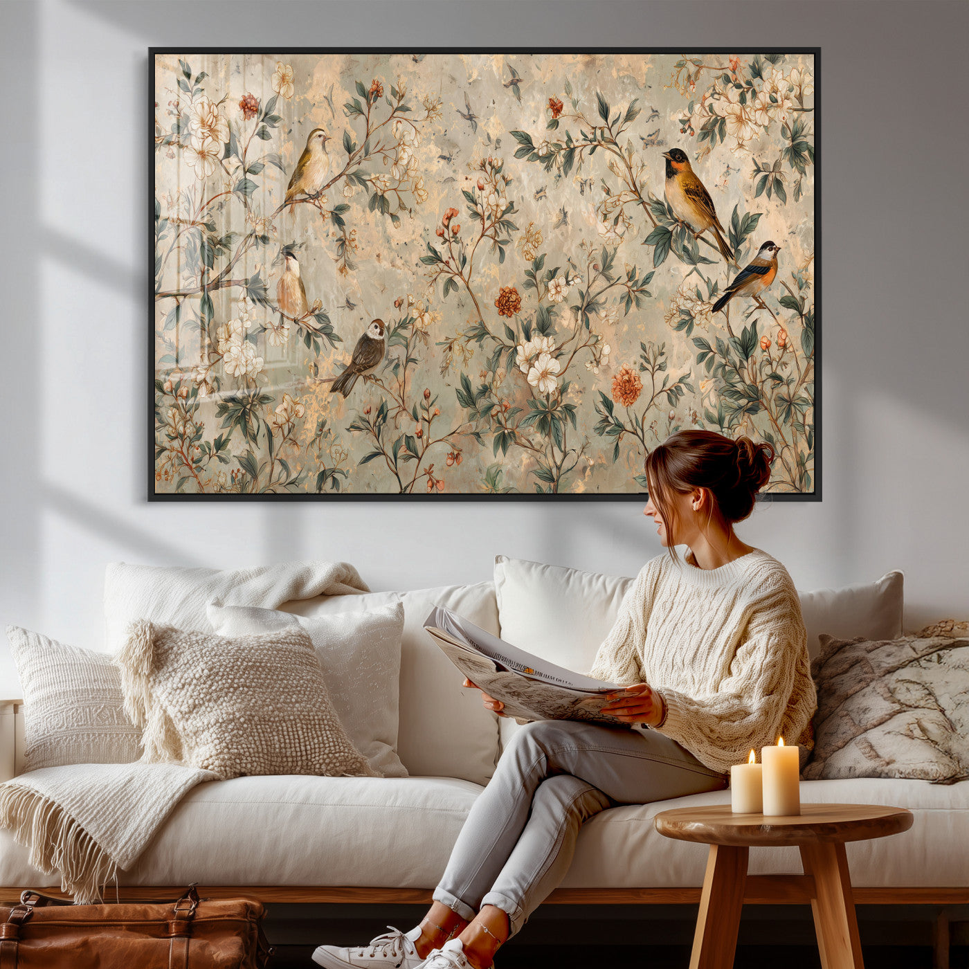 76588438-MGV-CV-36X24 - Vintage Birds and Flowers Wall Art Canvas Print, Botanical Bird Painting Canvas Print, Floral Garden Bird Artwork Canvas Print, Classic Bird Flower Painting Canvas Print