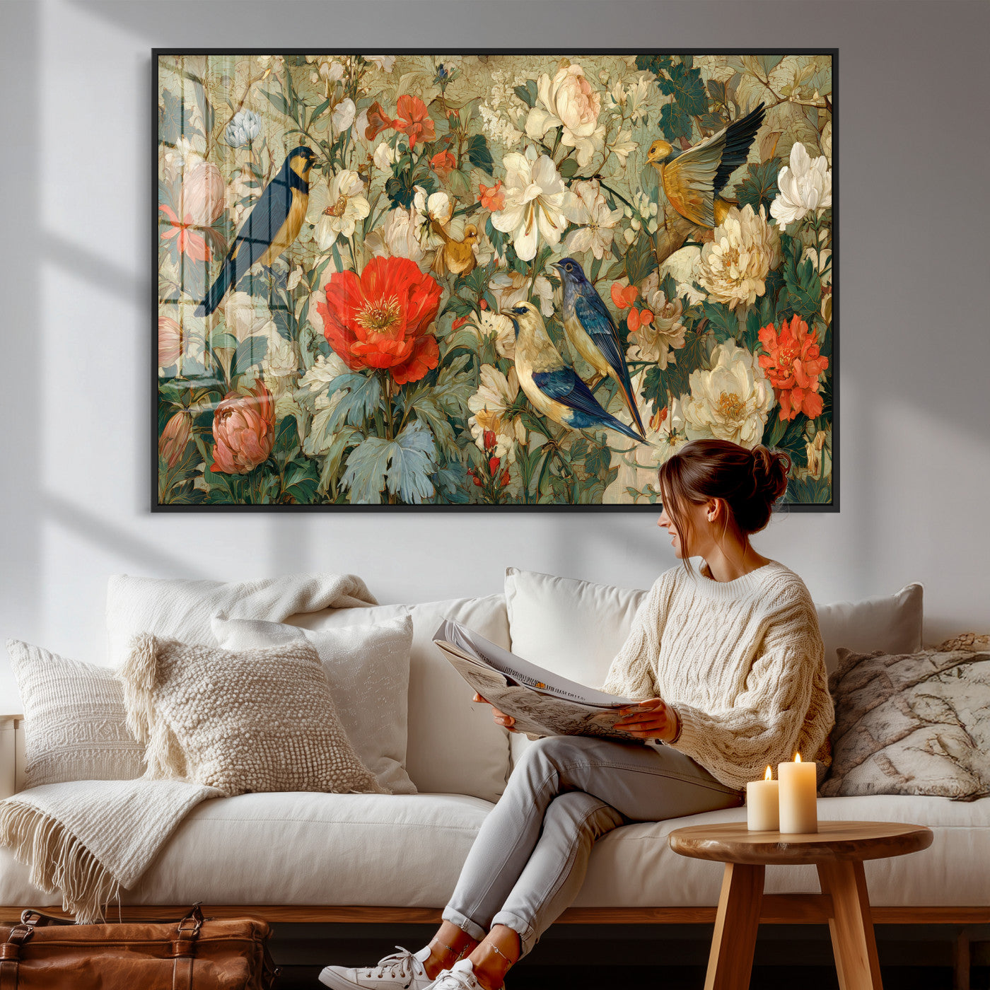 52904757-MGV-CV-36X24 - Vintage Birds and Flowers Wall Art Canvas Print, Botanical Bird Painting Canvas Print, Floral Garden Bird Artwork Canvas Print, Classic Bird Flower Painting Canvas Print