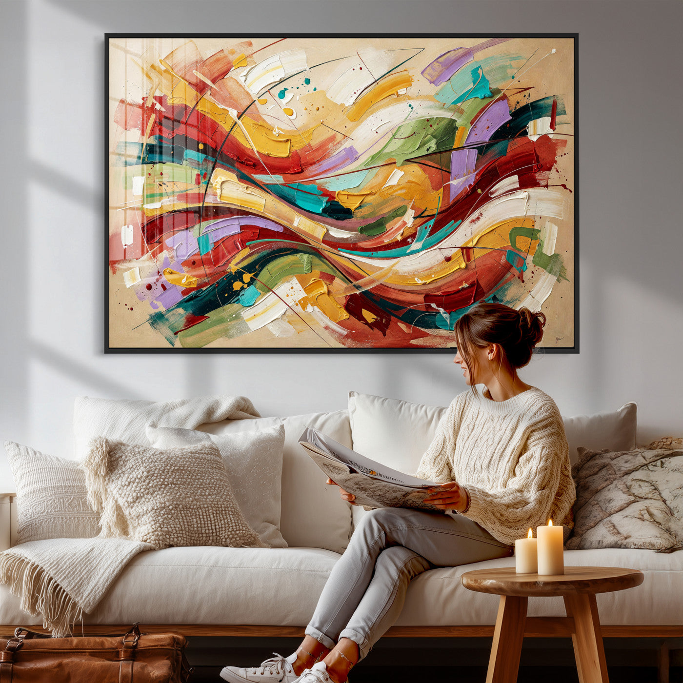 39887645-MGV-CV-36X24 - Geometric Abstract Wall Art Canvas Print, Orange Blue Abstract Expressionist Painting Print, Modern Geometric Abstract Canvas Art