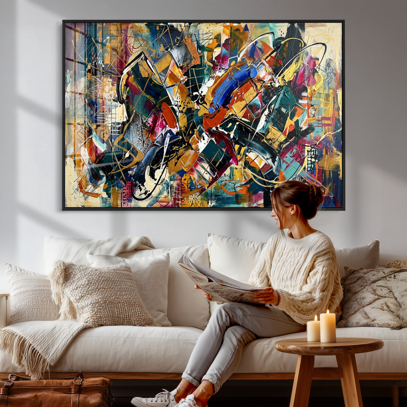 15525527-MGV-CV-36X24 - Geometric Abstract Wall Art Canvas Print, Orange Blue Abstract Expressionist Painting Print, Modern Geometric Abstract Canvas Art