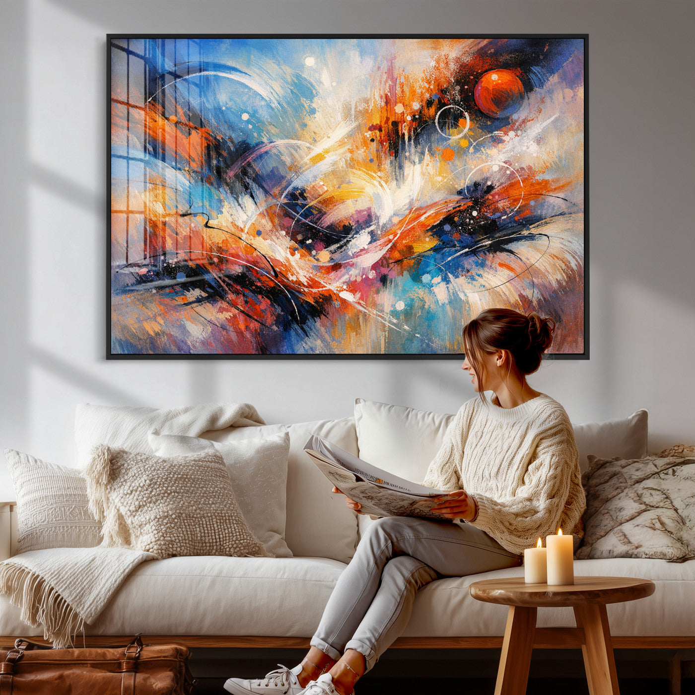 47770355-MGV-CV-36X24 - Geometric Abstract Wall Art Canvas Print, Orange Blue Abstract Expressionist Painting Print, Modern Geometric Abstract Canvas Art