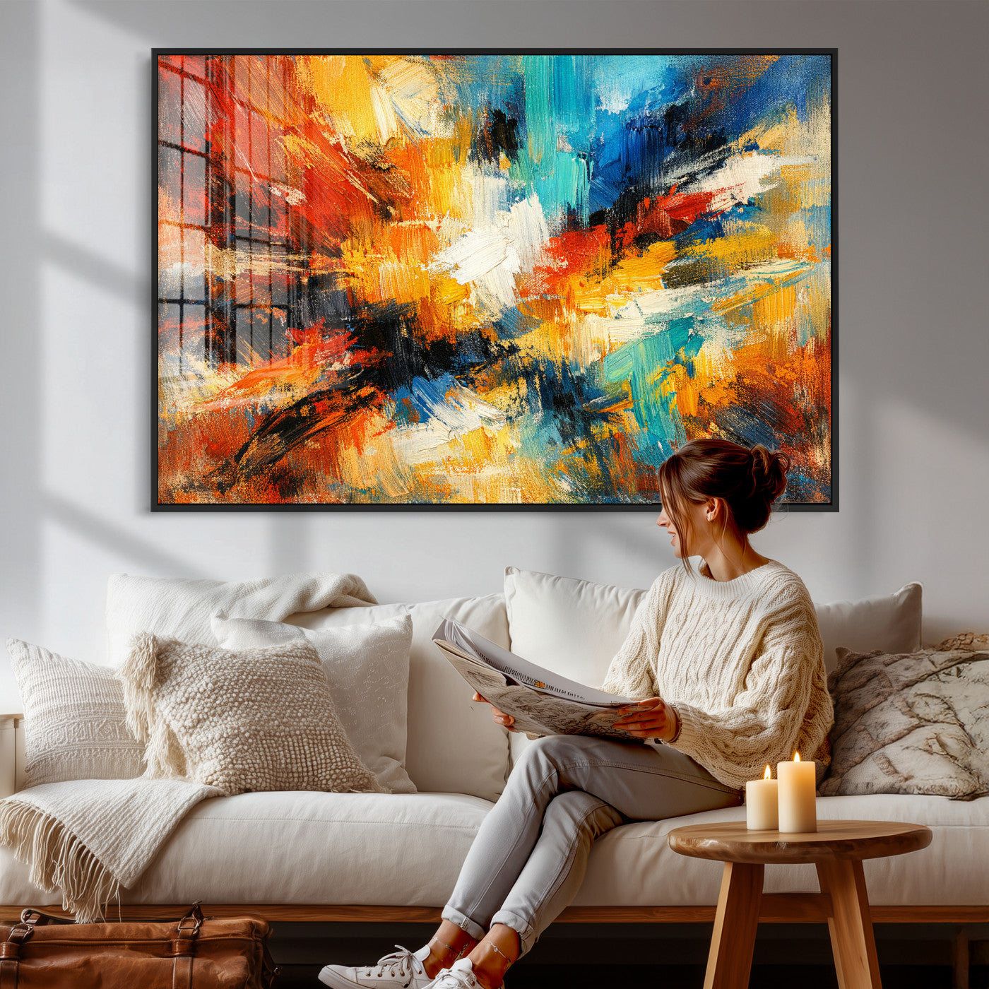93167583-MGV-CV-36X24 - Geometric Abstract Wall Art Canvas Print, Orange Blue Abstract Expressionist Painting Print, Modern Geometric Abstract Canvas Art
