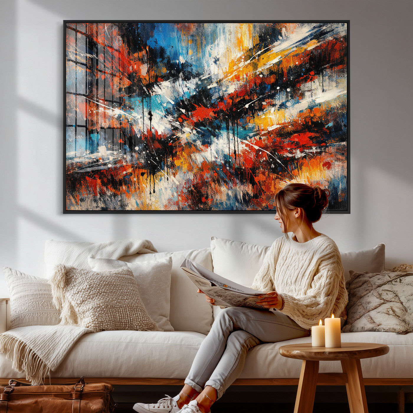 80276069-MGV-CV-36X24 - Geometric Abstract Wall Art Canvas Print, Orange Blue Abstract Expressionist Painting Print, Modern Geometric Abstract Canvas Art
