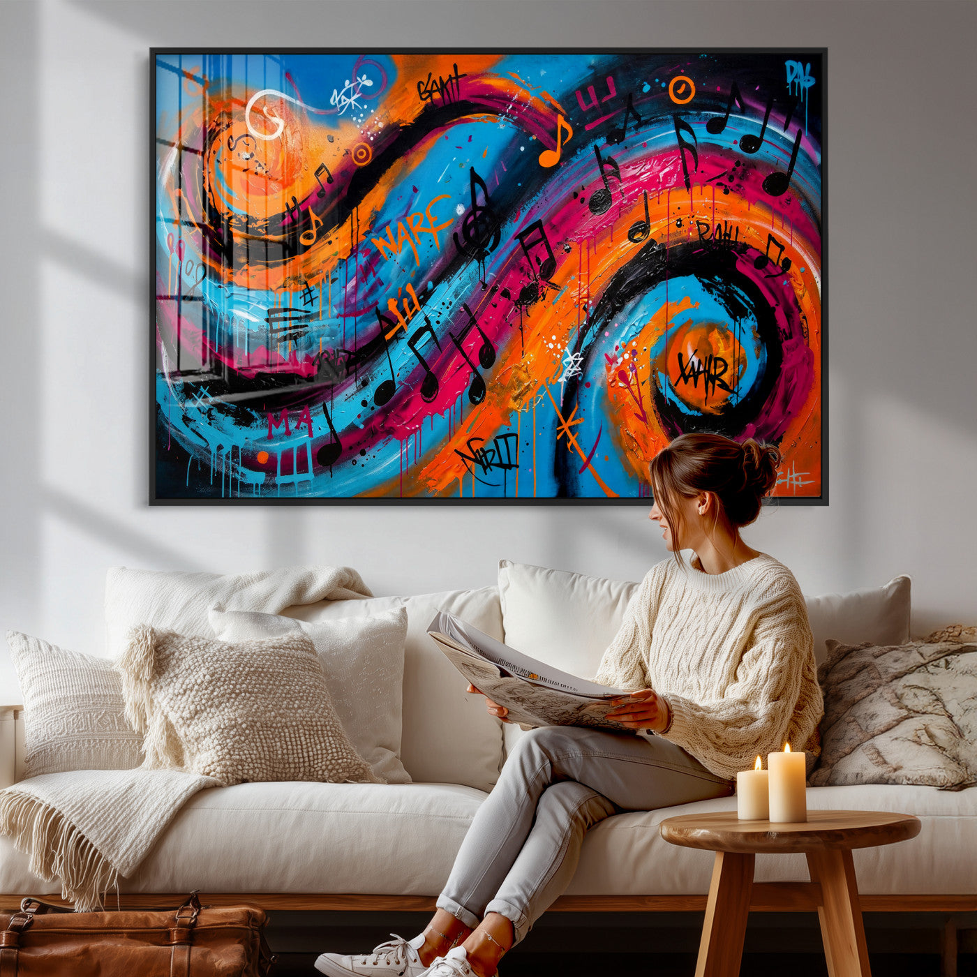 34936518-MGV-CV-36X24 - Geometric Abstract Wall Art Canvas Print, Orange Blue Abstract Expressionist Painting Print, Modern Geometric Abstract Canvas Art