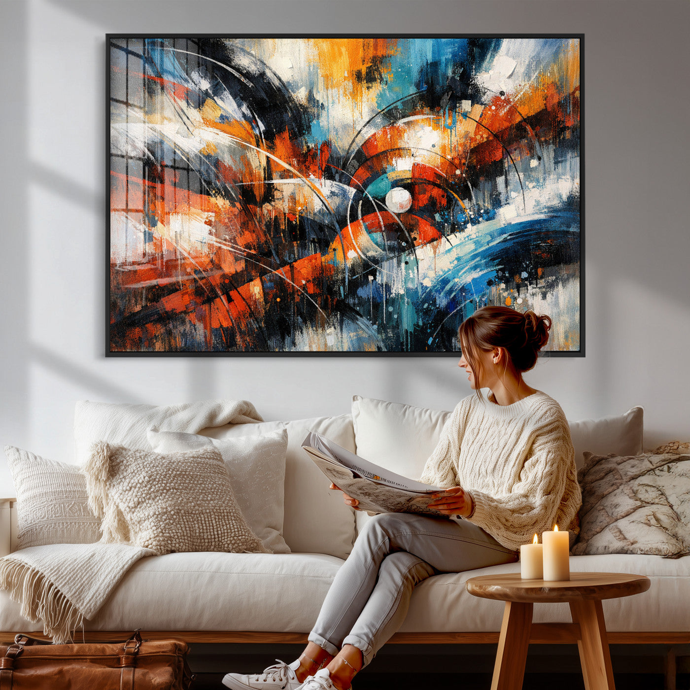 47120691-MGV-CV-36X24 - Geometric Abstract Wall Art Canvas Print, Orange Blue Abstract Expressionist Painting Print, Modern Geometric Abstract Canvas Art