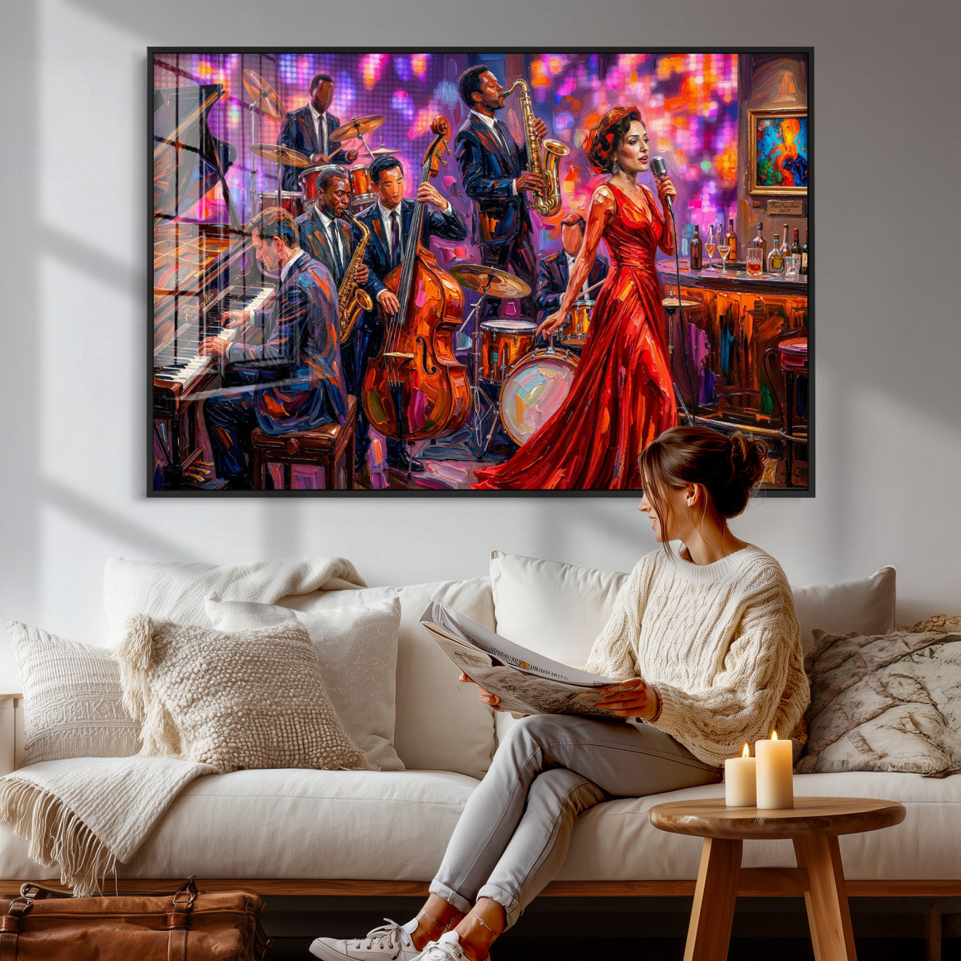 620930J20-MGV-CV-36X24 - Jazz Band Canvas Wall Art — Jazz Club Singer Saxophone Print | Music Wall Decor | Bar Restaurant Art | Music Lover Gift | Jazz Home Decor