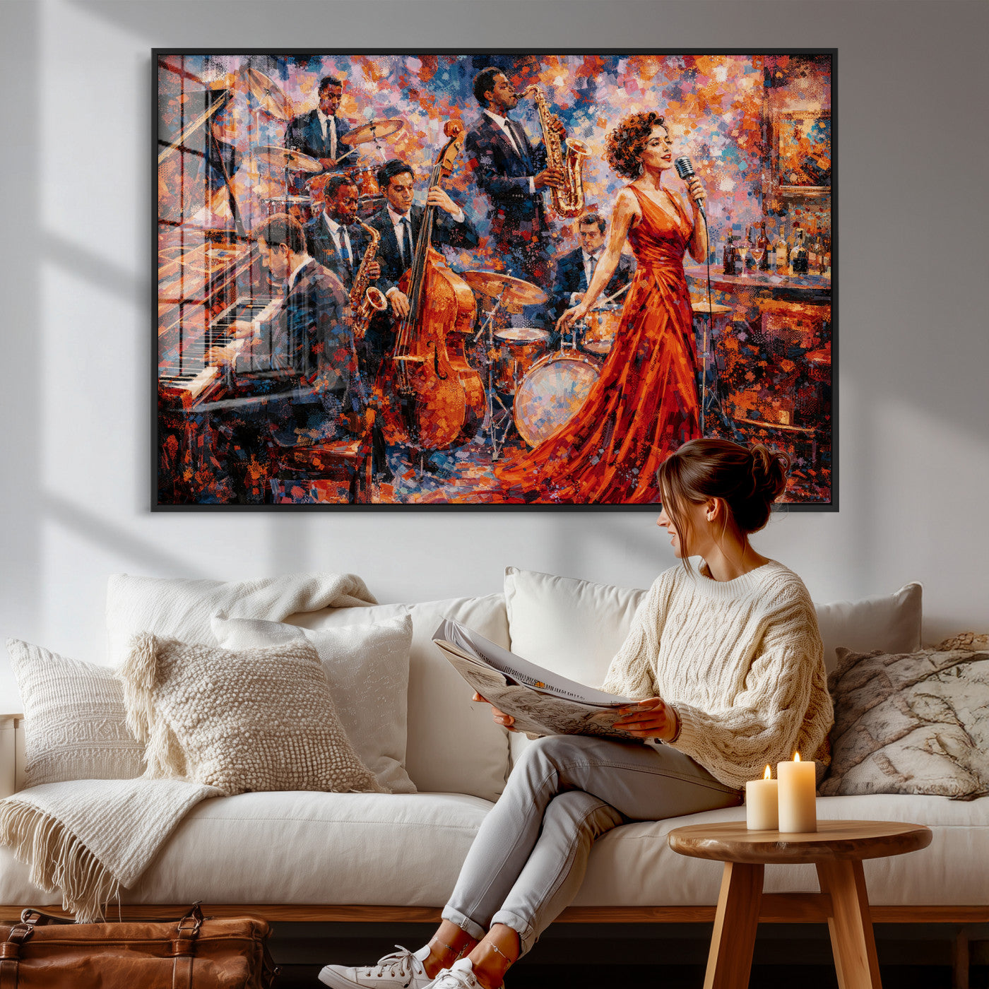 620930SF20-MGV-CV-36X24 - Jazz Band Canvas Wall Art — Jazz Club Singer Saxophone Print | Music Wall Decor | Bar Restaurant Art | Music Lover Gift | Jazz Home Decor