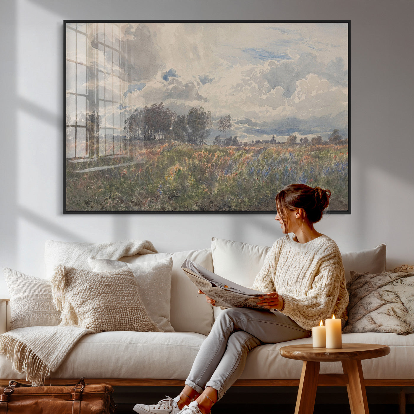 76626885-MGV-CV-36X24 - Vintage Watercolor Meadow Canvas Wall Art — English Pastoral Wildflower Storm Sky Print | Cottagecore Nature Decor | Classic Landscape Gift