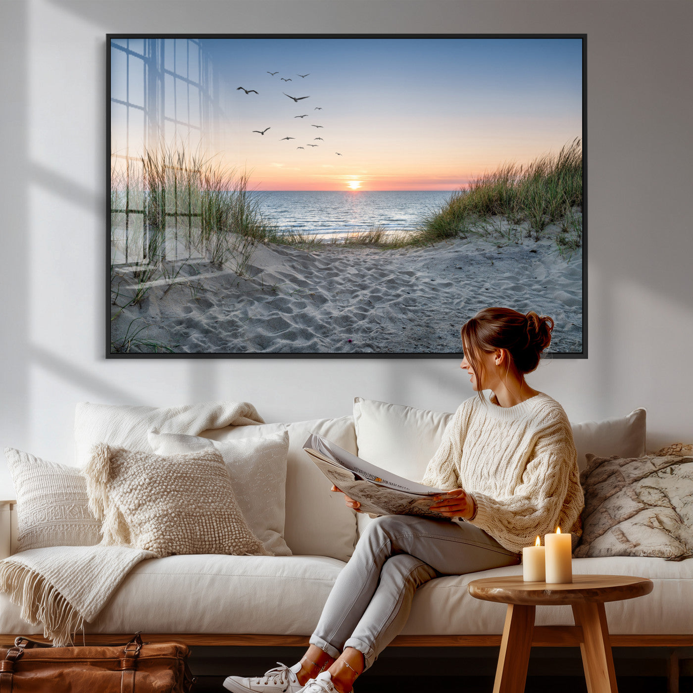 12172032-MGV-CV-36X24 - Sandy Dune Path Sunset Canvas Wall Art — Seagulls Beach Ocean Photography Print | Coastal Home Decor | Nautical Wall Art | Beach House Gift