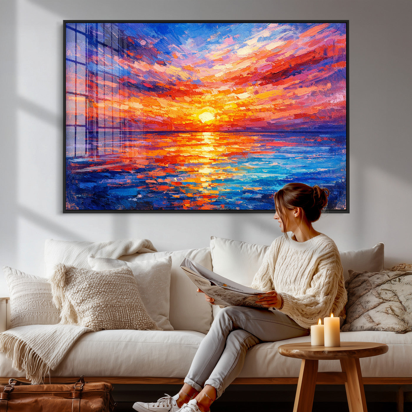 54915078-MGV-CV-36X24 - Colorful Knife Ocean Sunset Canvas — Orange Pink Teal Expressionist Sea Print | Colorful Coastal Wall Art | Vibrant Beach Decor Gift