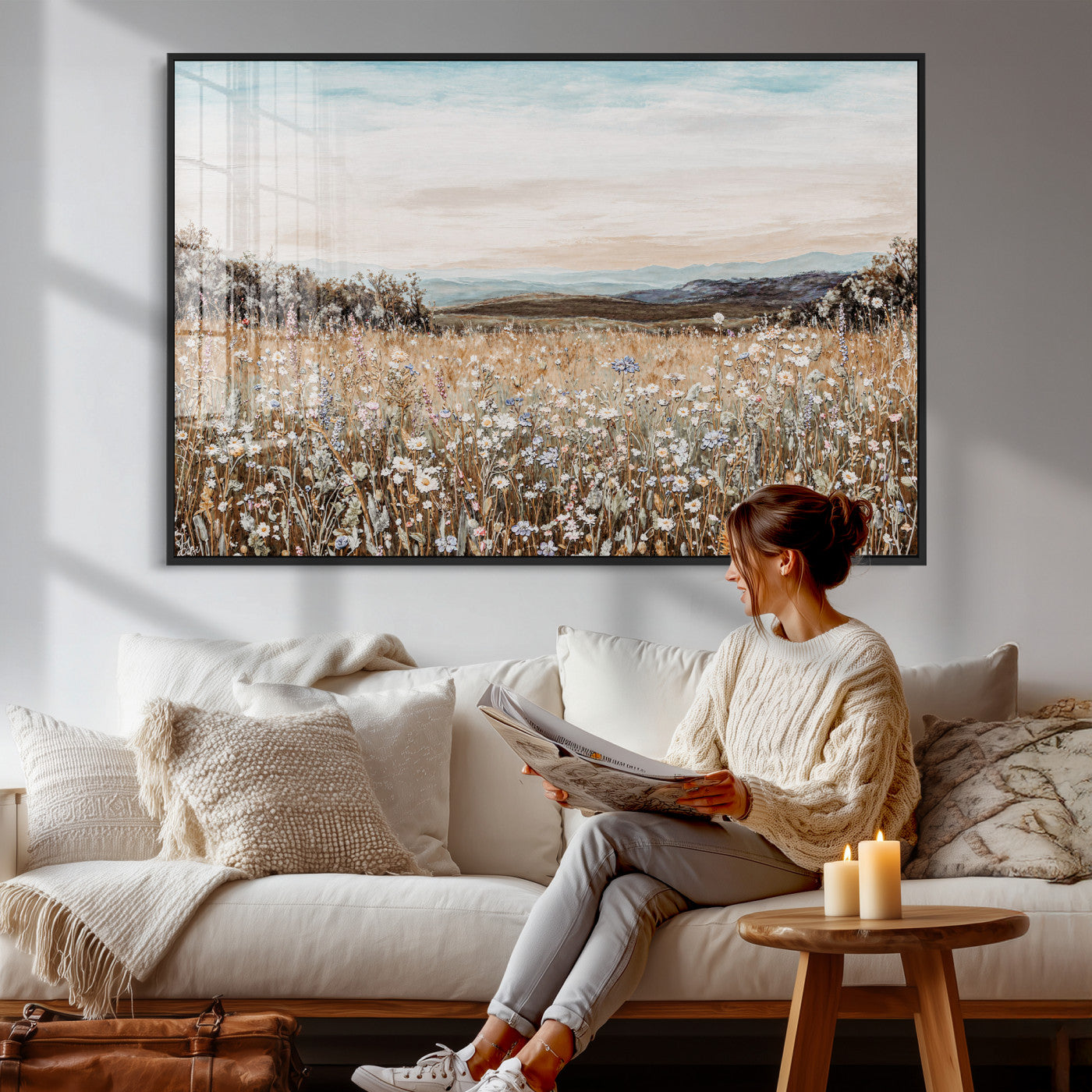 F35773805-MGV-CV-36X24 - Neutral Wildflower Field Canvas Wall Art — Beige Earth Tone Botanical Meadow Print | Farmhouse Boho Decor | Bedroom Living Room Gift Her