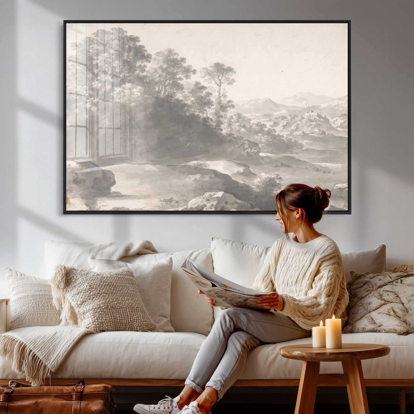 33041209-MGV-CV-36X24 - Van Poelenburch Landscape Canvas Wall Art — Dutch Golden Age Gray Wash Drawing Print | Baroque Italianate Nature Decor | Old Master Classic Gift