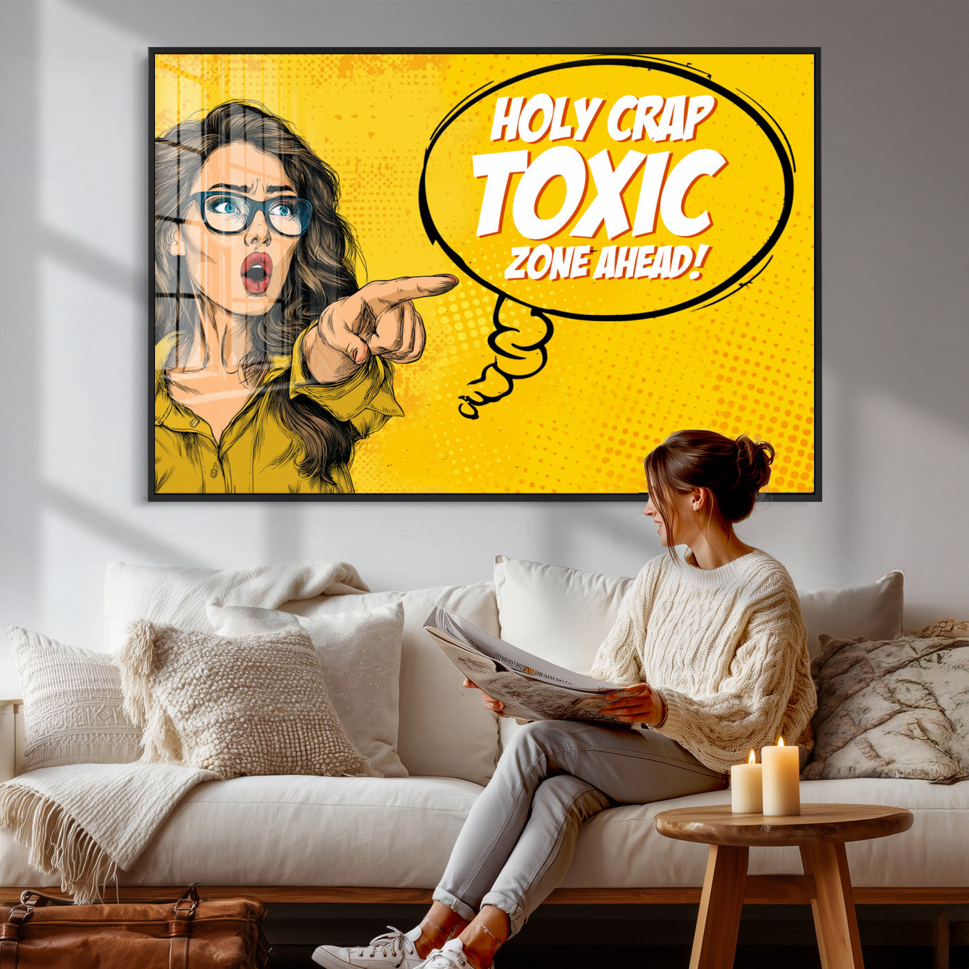 79751885-MGV-CV-36X24 - Pop Art Print Bathroom Sign Wall Art Canvas Print — Funny Bathroom Canvas | Comic Style Toilet Wall Decor | Humor Gift | Yellow Bold Bathroom Art