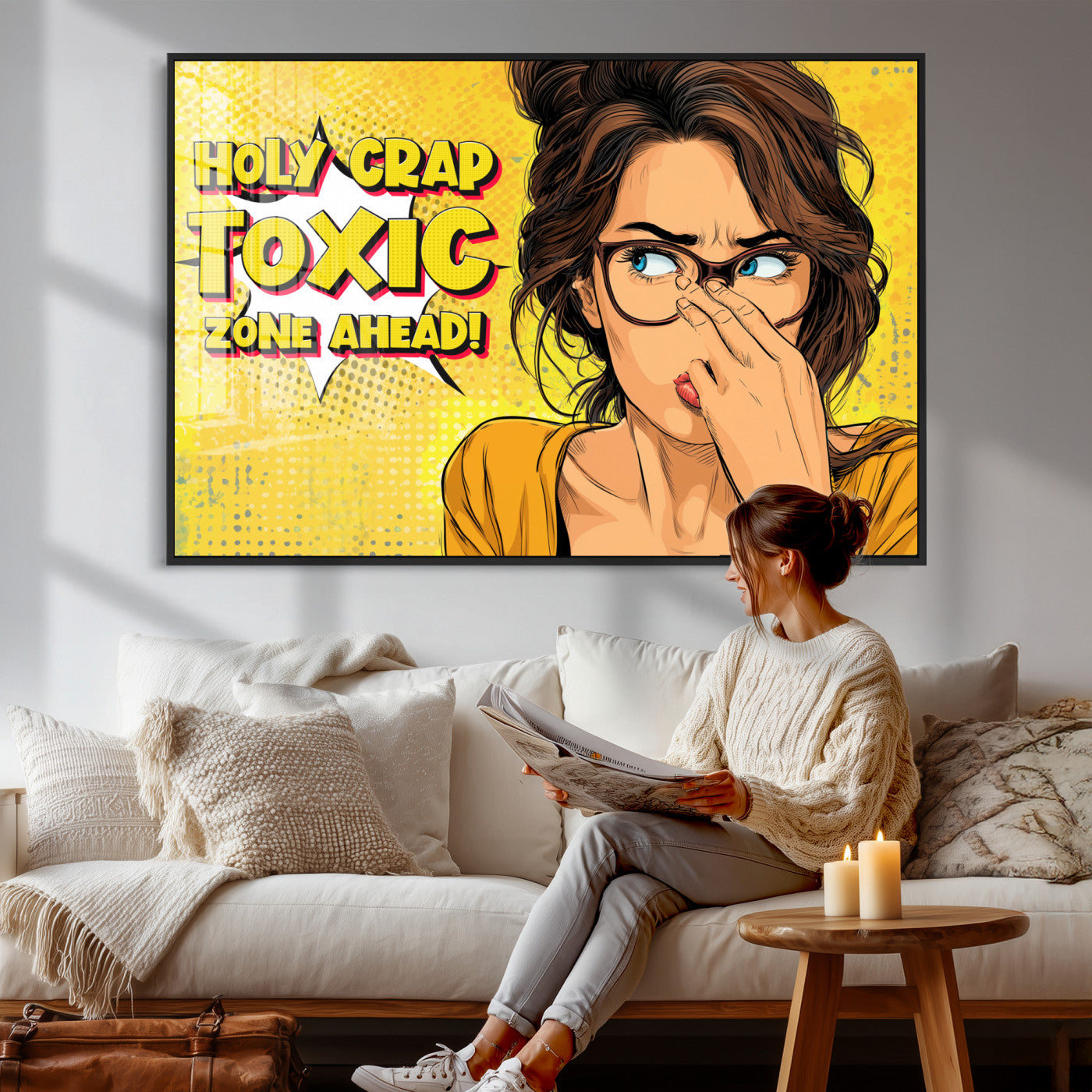 96263876-MGV-CV-36X24 - Pop Art Print Bathroom Sign Wall Art Canvas Print — Funny Bathroom Canvas | Comic Style Toilet Wall Decor | Humor Gift | Yellow Bold Bathroom Art