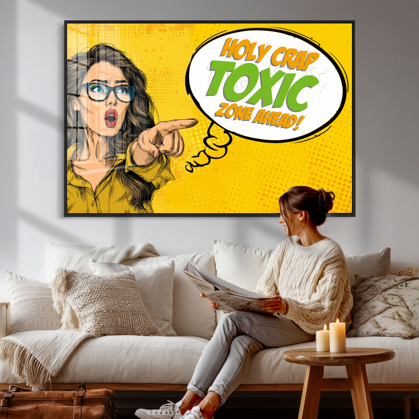79156505-MGV-CV-36X24 - Pop Art Print Bathroom Sign Wall Art Canvas Print — Funny Bathroom Canvas | Comic Style Toilet Wall Decor | Humor Gift | Yellow Bold Bathroom Art