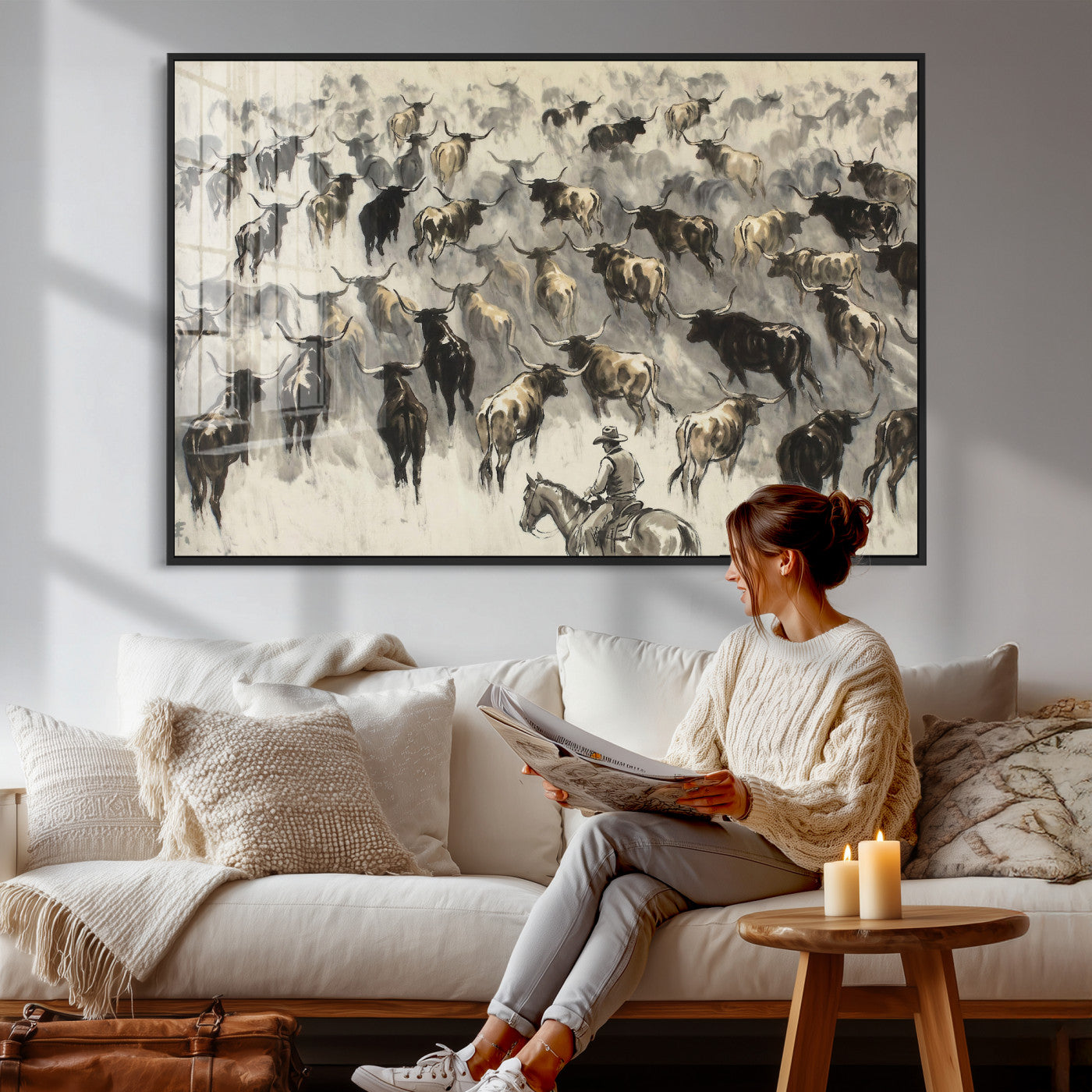 48049876-MGV-CV-36X24 - Cowboy Cattle Drive Canvas Wall Art, Western Longhorn Herd Ink Painting Print, Ranch Rodeo Decor, Black White Western Art, Large Living Room Art