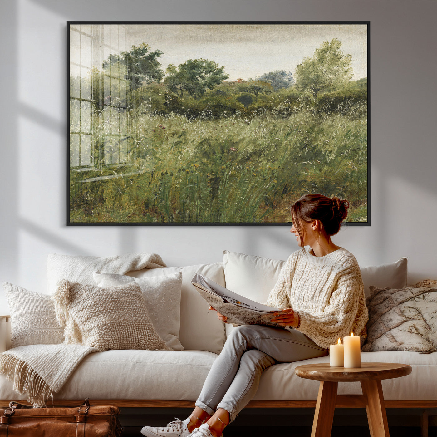 92328261-MGV-CV-36X24 - Wildflower Meadow Canvas Wall Art, Impressionist Overgrown Field Painting Print, Vintage Green Nature Decor, Cottagecore Botanical Art, Living Room Print