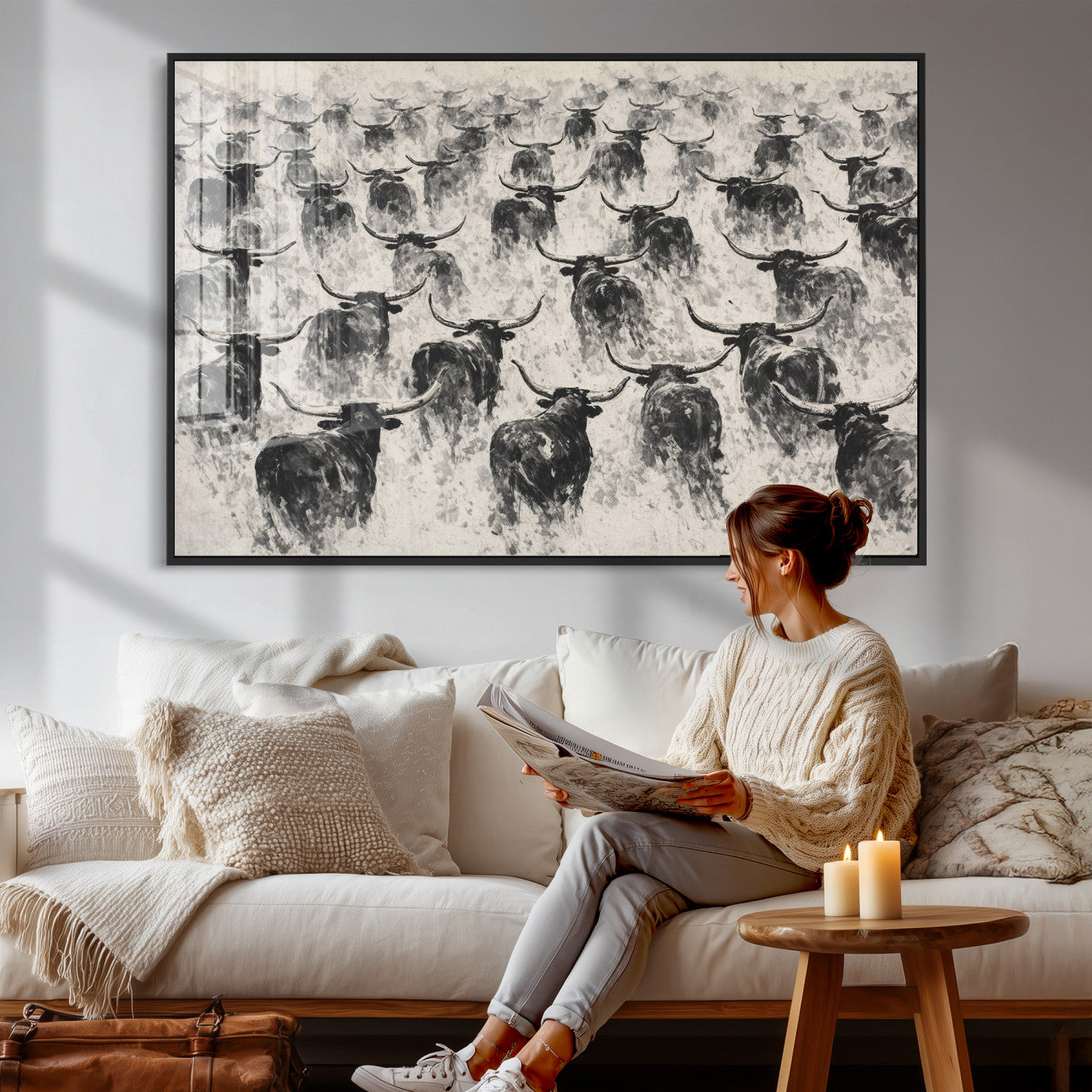 73328525-MGV-CV-36X24 - Texas Longhorn Drawing Canvas Wall Art, Western Cattle Stampede Painting Print, Warm Amber Ranch Decor, Rustic Cowboy Home Art, Large Living Room Decor