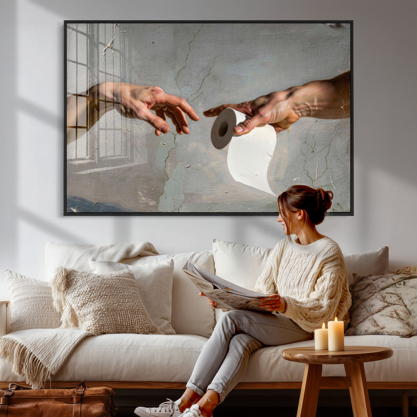 72030048-MGV-CV-36X24 - Funny Bathroom Wall Art Canvas, Creation of Toilet Paper Parody Print, Renaissance Humor Decor, Toilet Room Art, Quirky Housewarming Gift, Classic Art Spoof