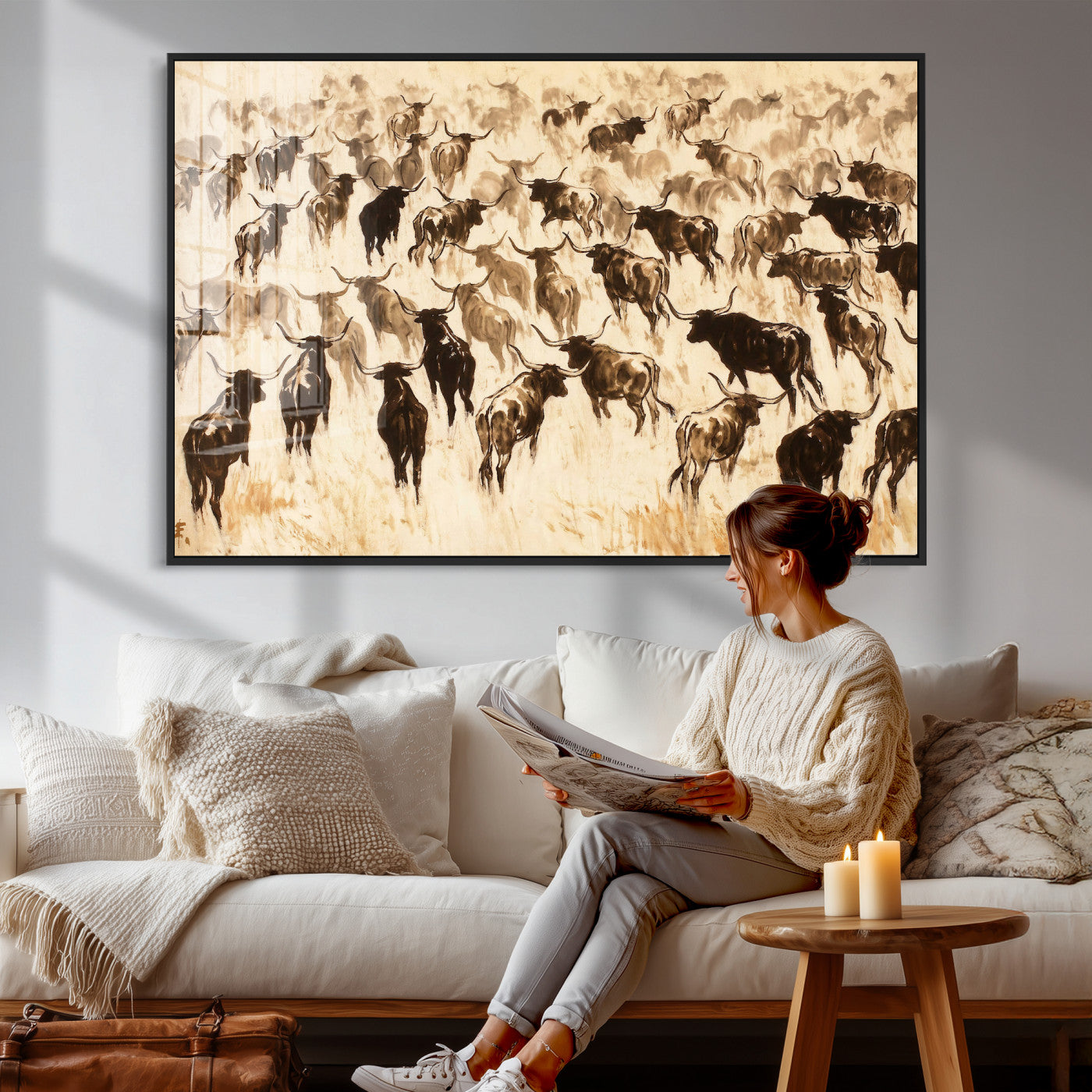 39077774-MGV-CV-36X24 - Texas Longhorn Sepia Canvas Wall Art, Western Cattle Stampede Painting Print, Warm Amber Ranch Decor, Rustic Cowboy Home Art, Large Living Room Decor