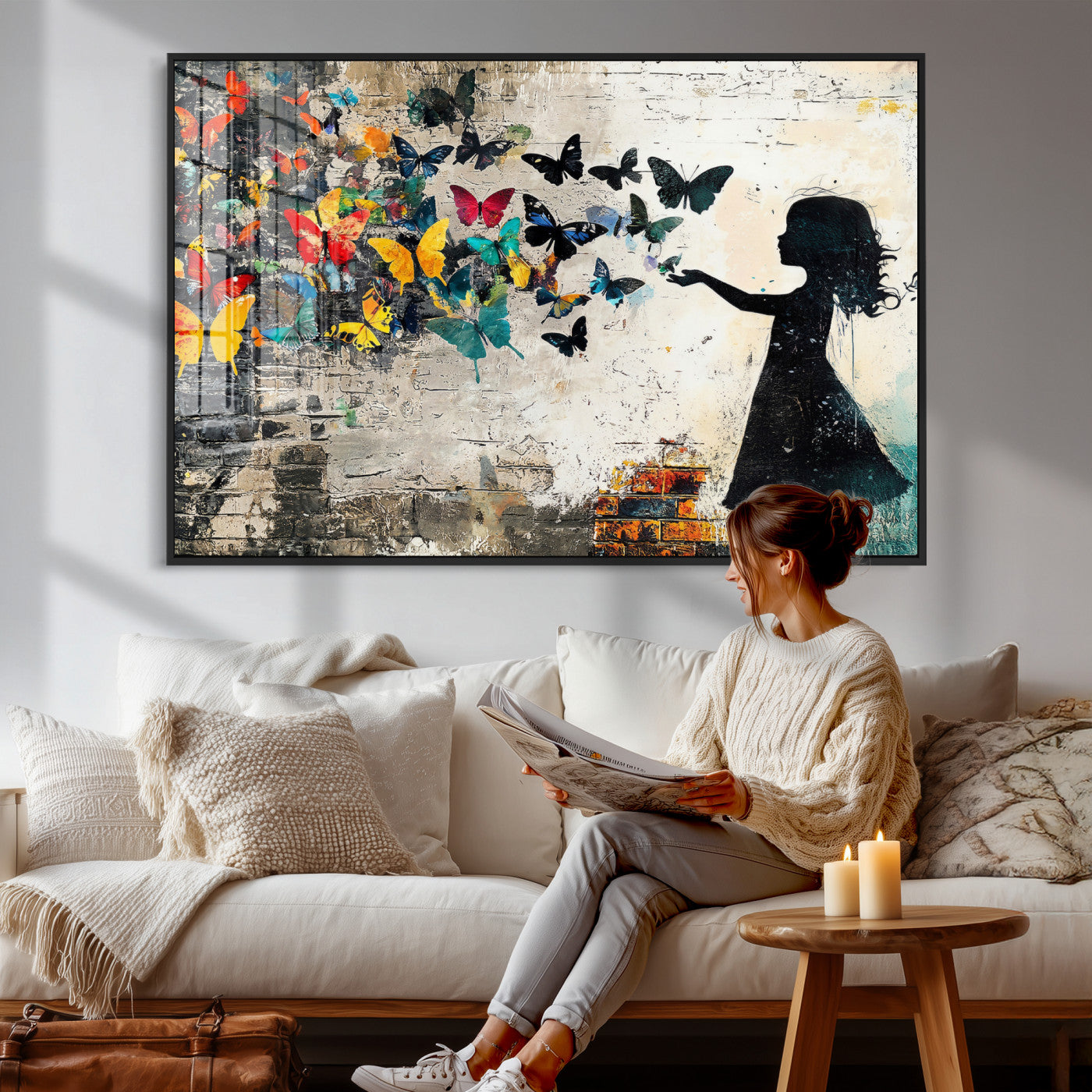 33909022-MGV-CV-36X24 - Banksy Butterfly Girl Wall Art Canvas Print, Framed Street Art Silhouette Graffiti Artwork, Colorful Butterfly Wall Decor for Living Room Bedroom Office