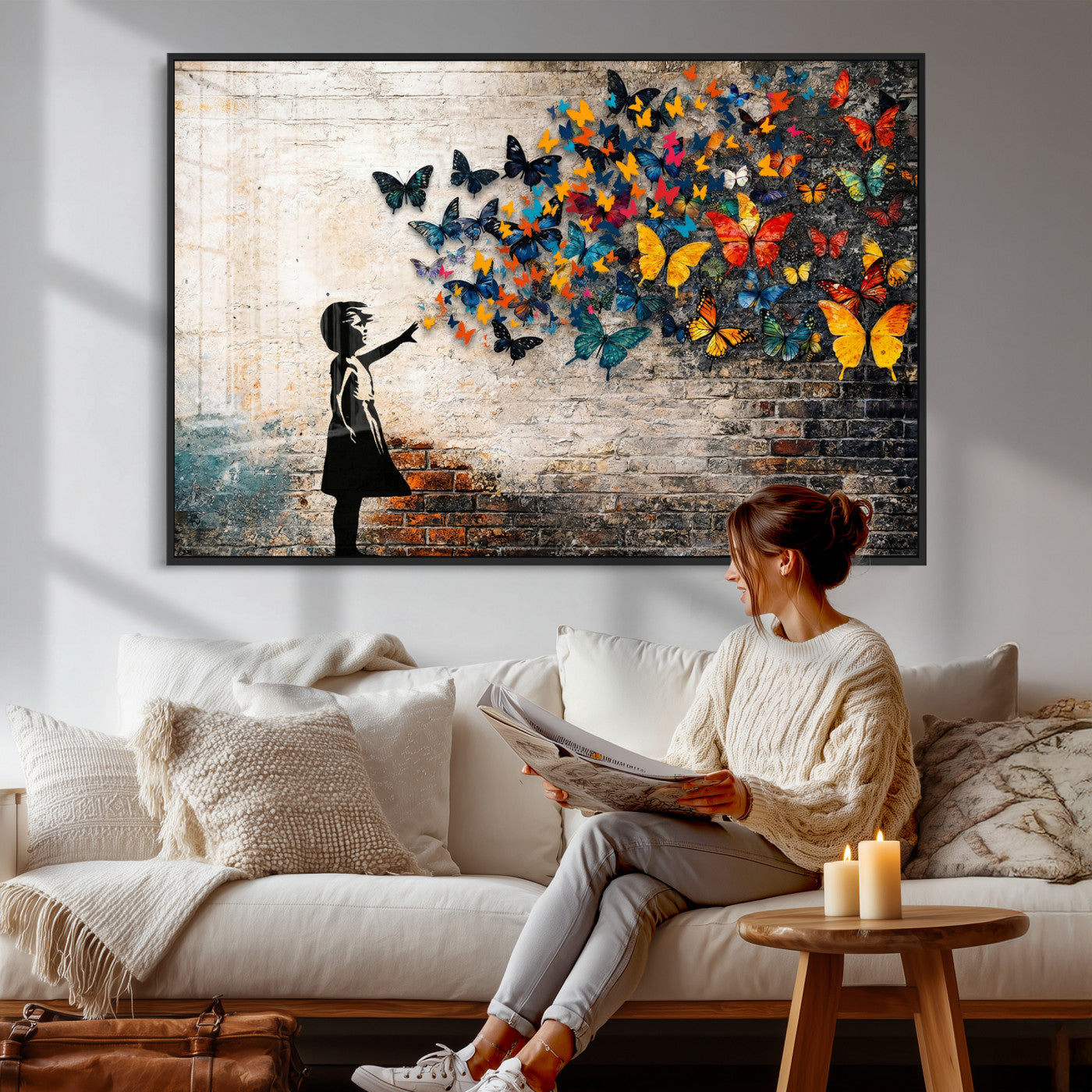 78760384-MGV-CV-36X24 - Banksy Graffiti Butterfly Girl Wall Art Canvas Print, Framed Street Art Canvas Print, Silhouette Butterfly Wall Art for Living Room Bedroom Office