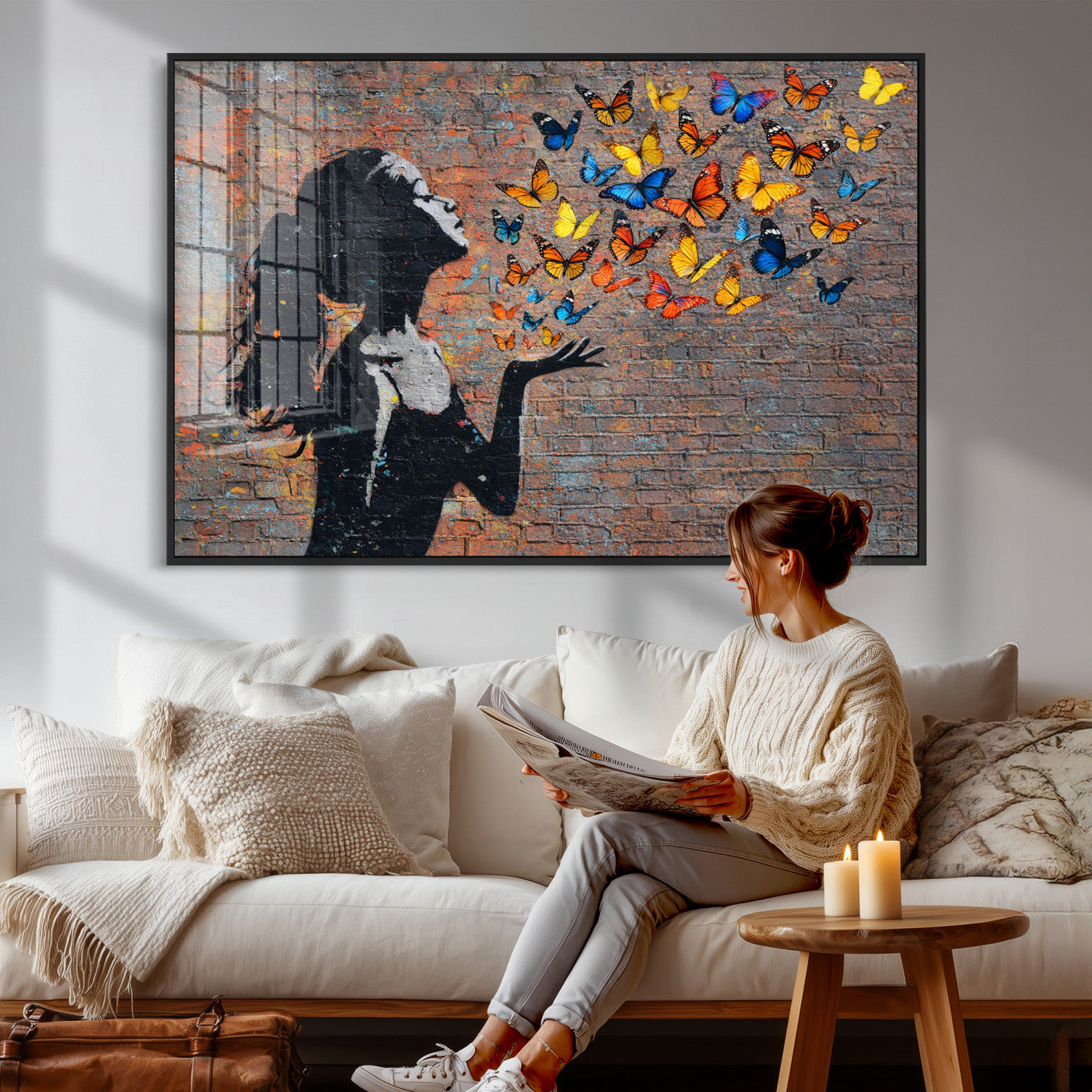 10555939-MGV-CV-36X24 - Urban Banksy Butterfly Girl Wall Art Canvas Print, Framed Street Art Canvas Print, Graffiti Silhouette Butterfly Wall Art for Living Room Bedroom Office